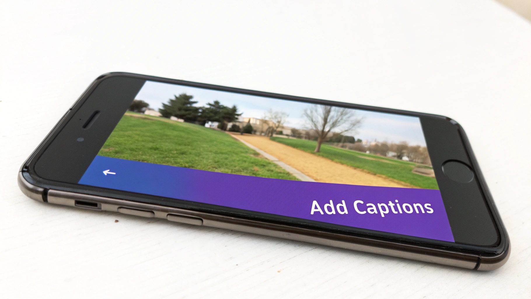 Smartphone displaying video editing interface with Add Captions button and park pathway footage