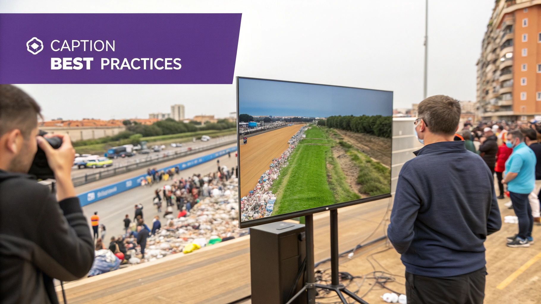 Large display screen showing caption best practices at outdoor event with crowd viewing accessibility demonstration