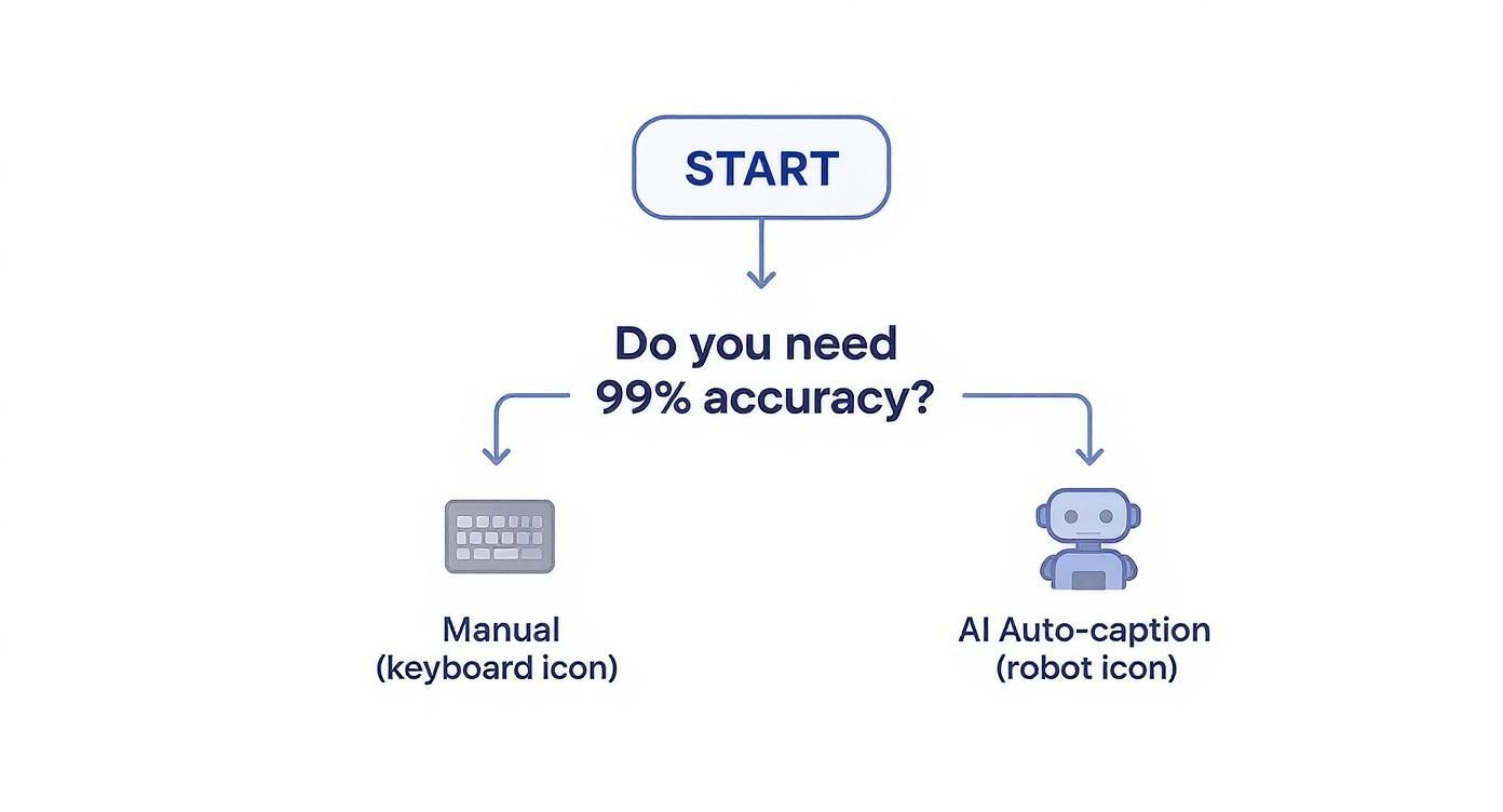 Flowchart showing decision between manual keyboard captioning and AI auto-caption robot for video accuracy