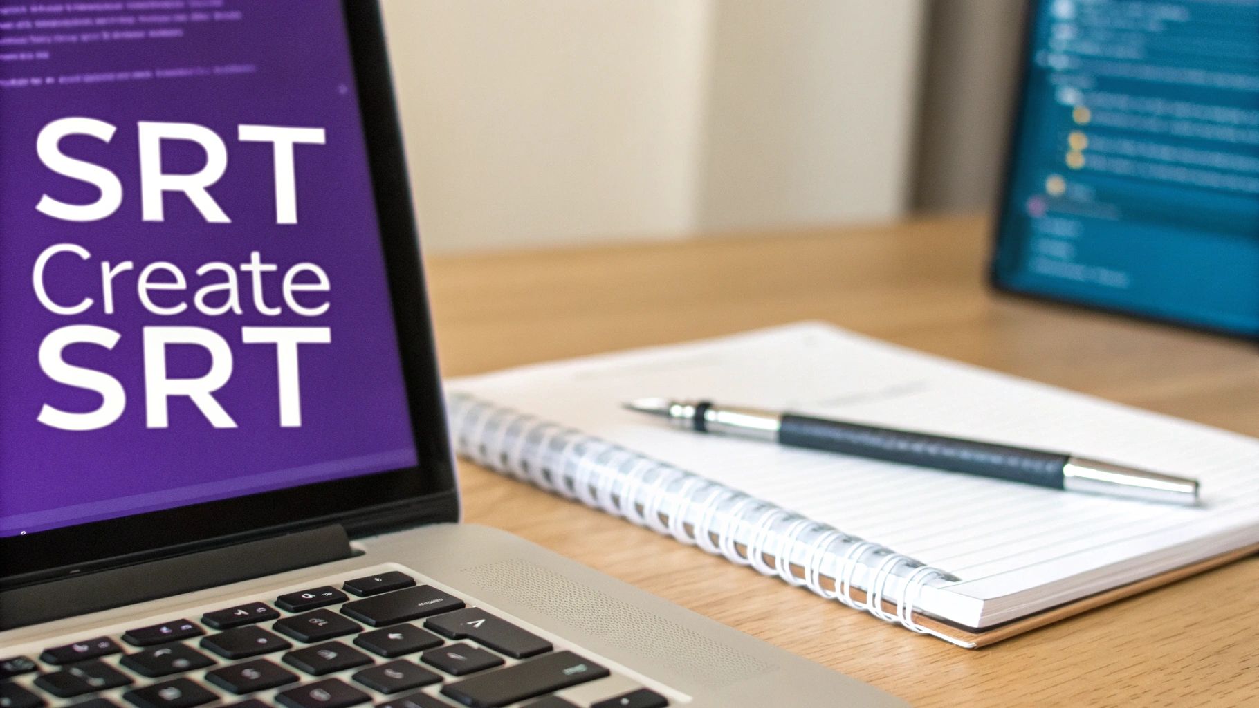 Laptop displaying SRT Create subtitle software with notebook and pen on wooden desk