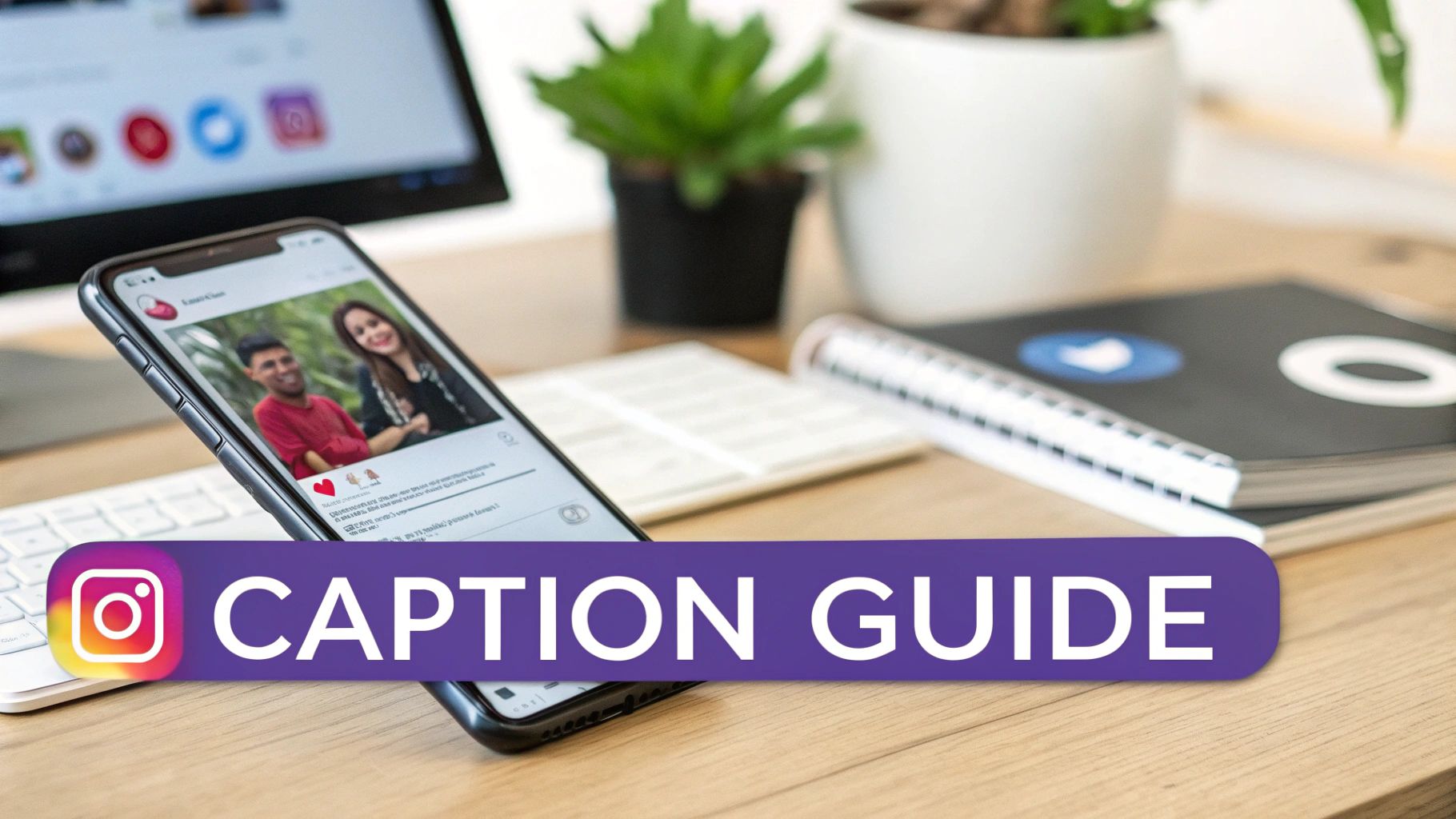 Instagram caption guide displayed on smartphone screen with laptop and notebook on desk