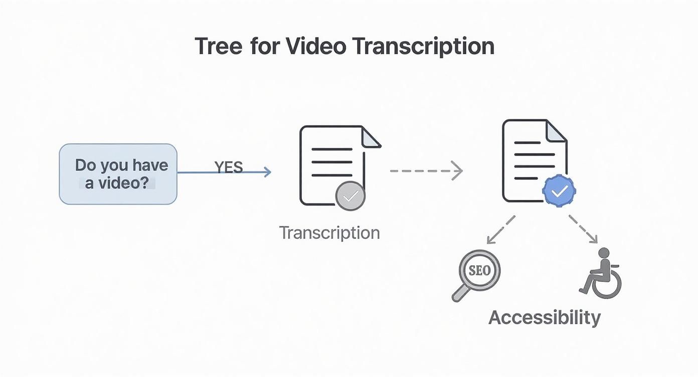Flowchart showing video transcription process from video input to accessibility and SEO benefits
