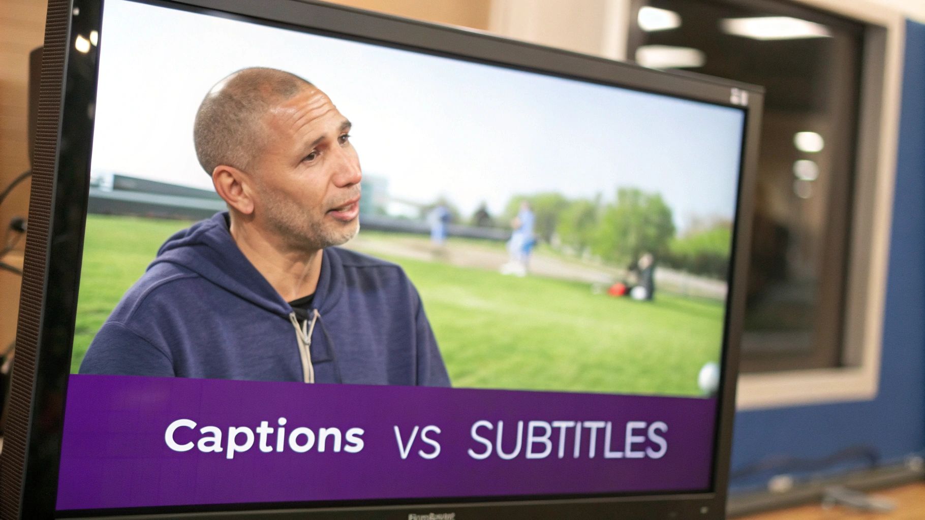 Television screen displaying captions versus subtitles comparison with man in blue hoodie speaking outdoors