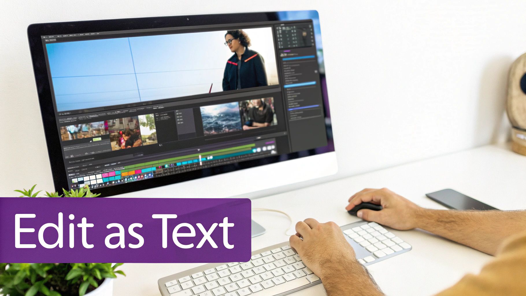 Person editing video footage with text transcription on computer screen using keyboard and mouse