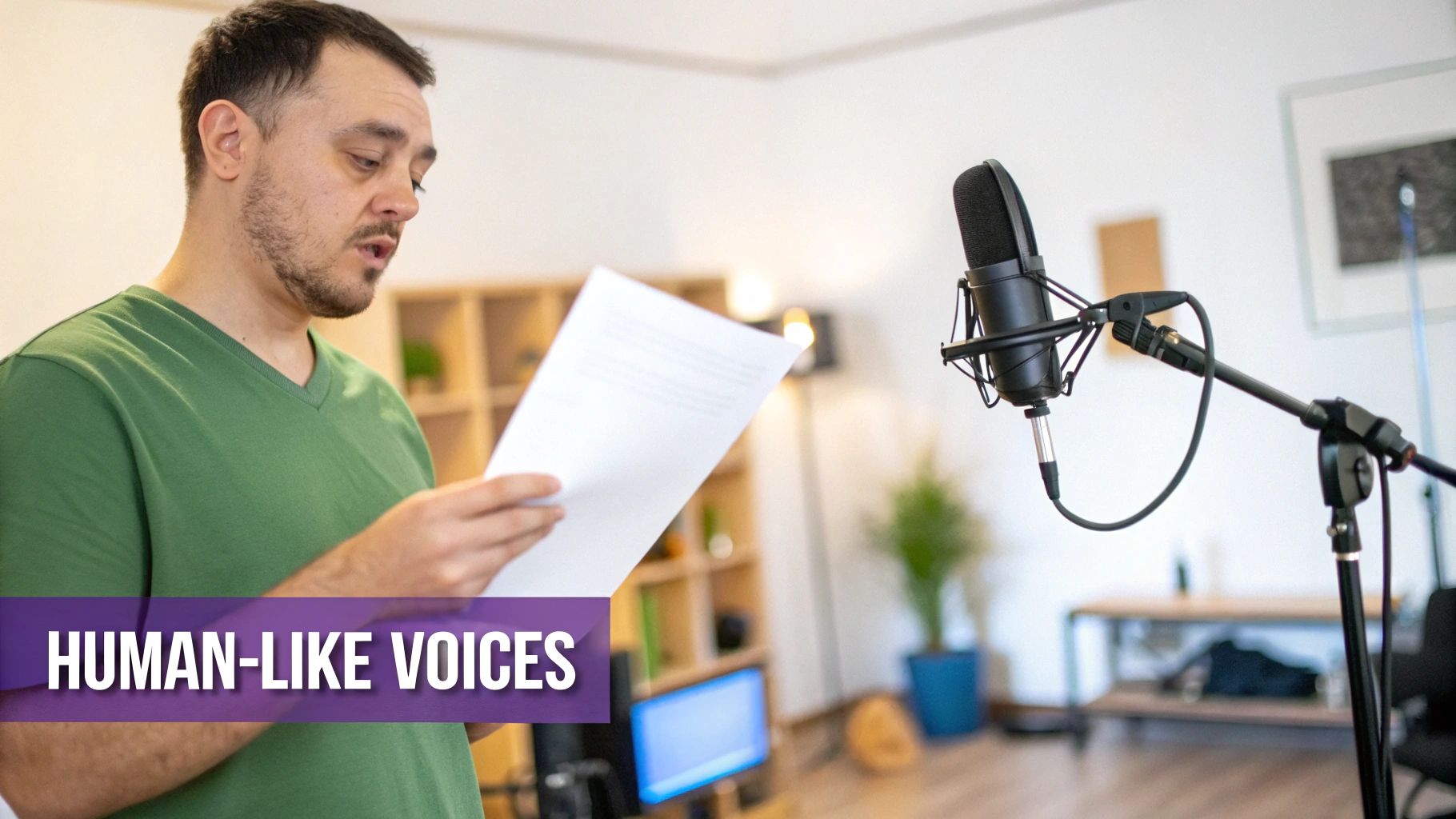 Man reading script into professional condenser microphone for AI voice generator recording session
