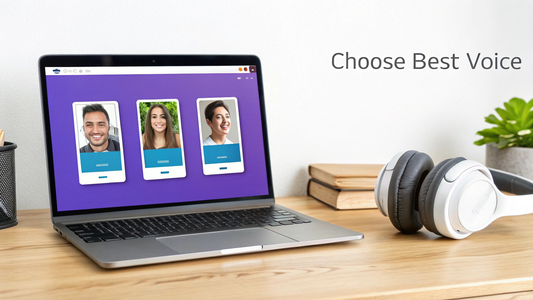 Laptop screen displaying AI voice generator interface with three profile cards and headphones nearby