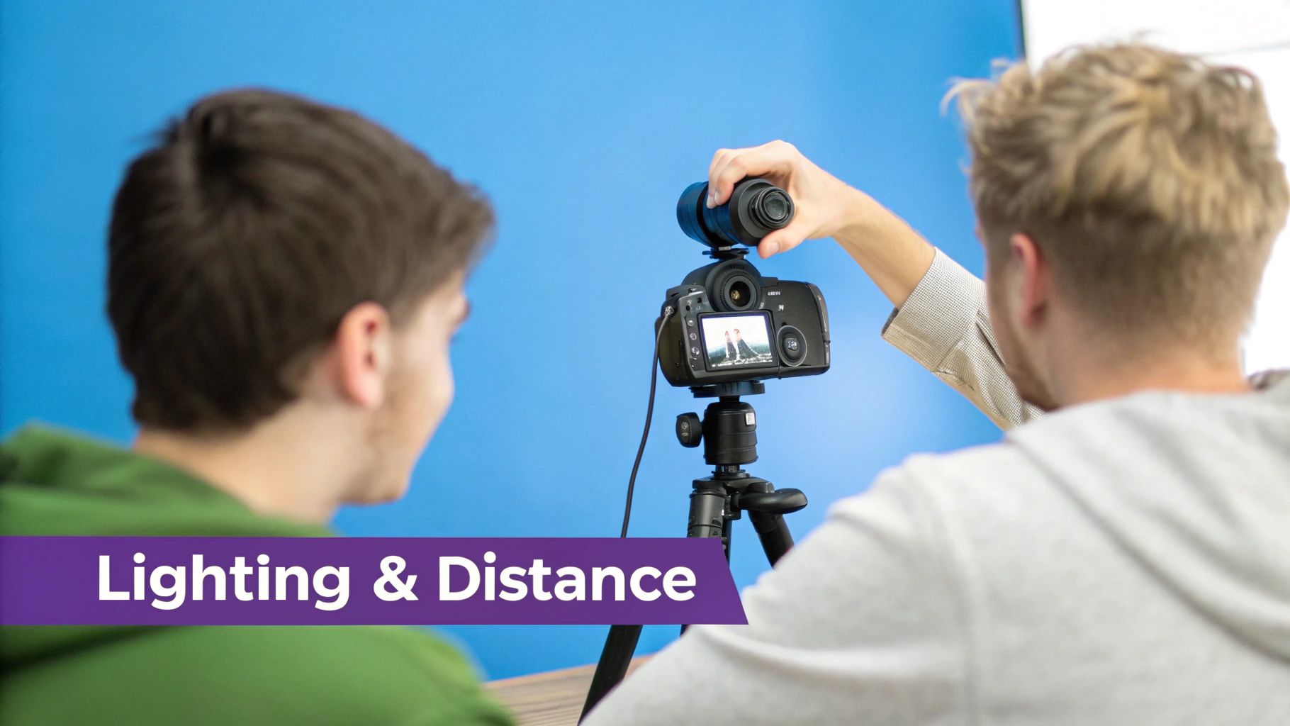 Two photographers adjusting camera settings and lighting equipment on tripod for background blur photography