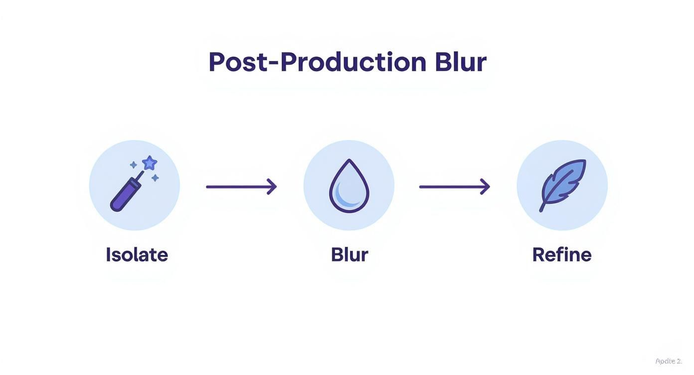 Three-step post-production blur workflow diagram showing isolate, blur, and refine stages with icons