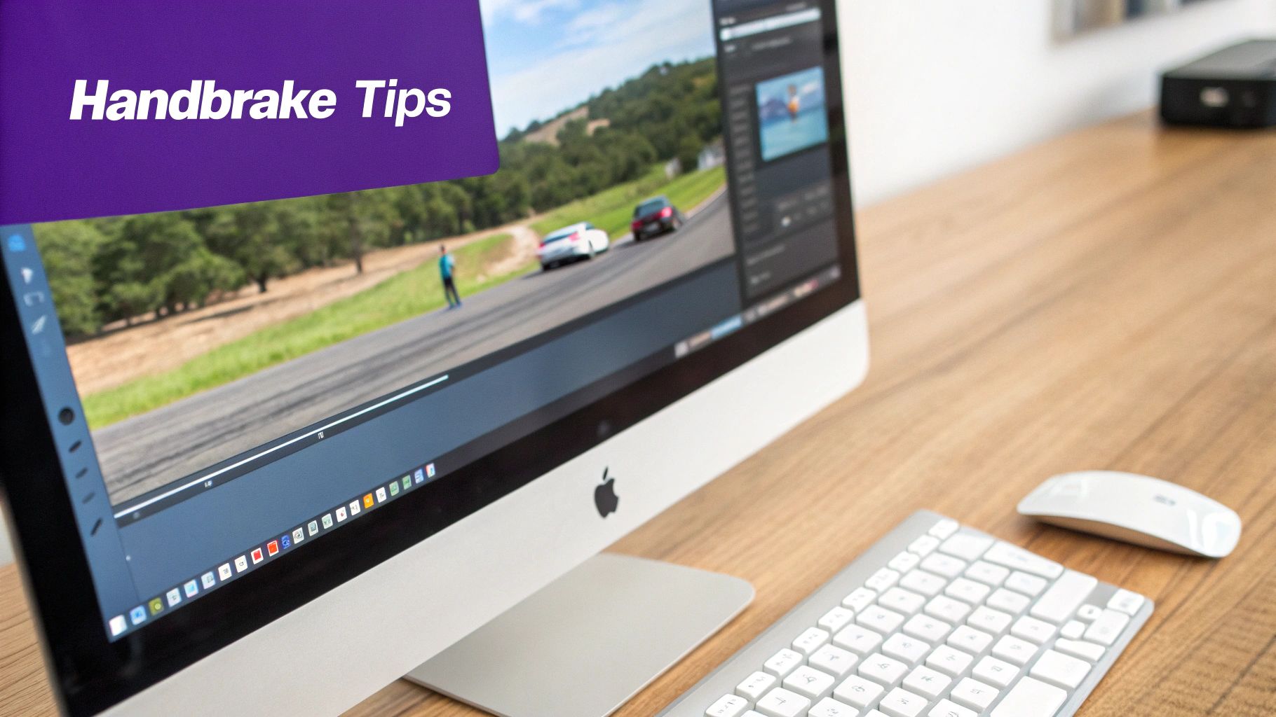Apple iMac on a wooden desk showing 'Handbrake Tips' and a video editing interface.