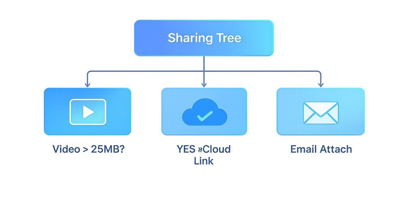 A sharing tree flowchart showing options for sharing files, including cloud link for videos over 25MB and email attachment.