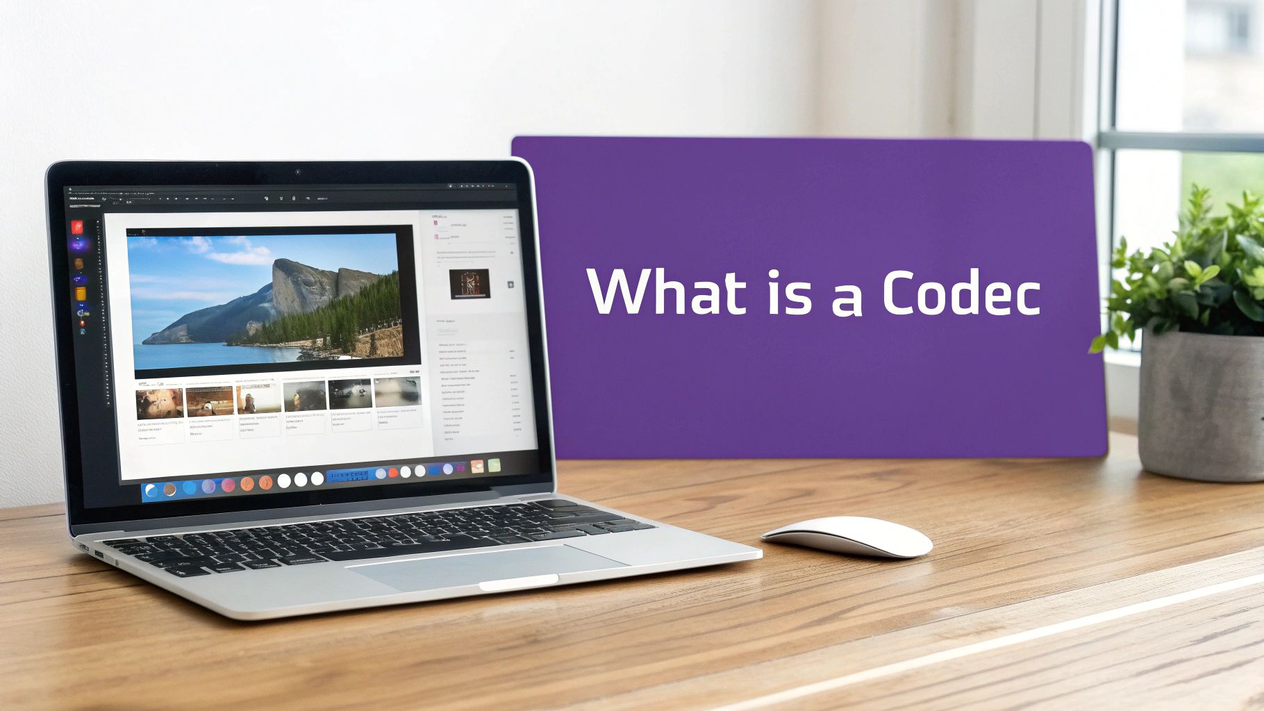 A laptop on a wooden desk showing video editing software, with a purple board asking 'What is a Codec' behind it.