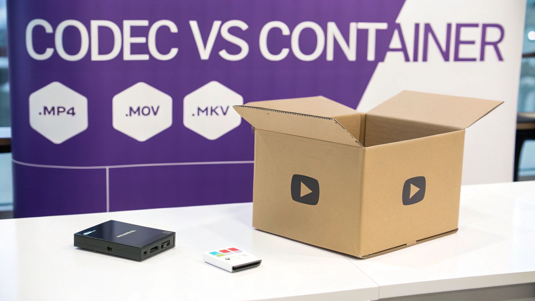 A banner titled 'CODEC VS CONTAINER' with video file formats, an open box, a media player, and a remote on a white table.