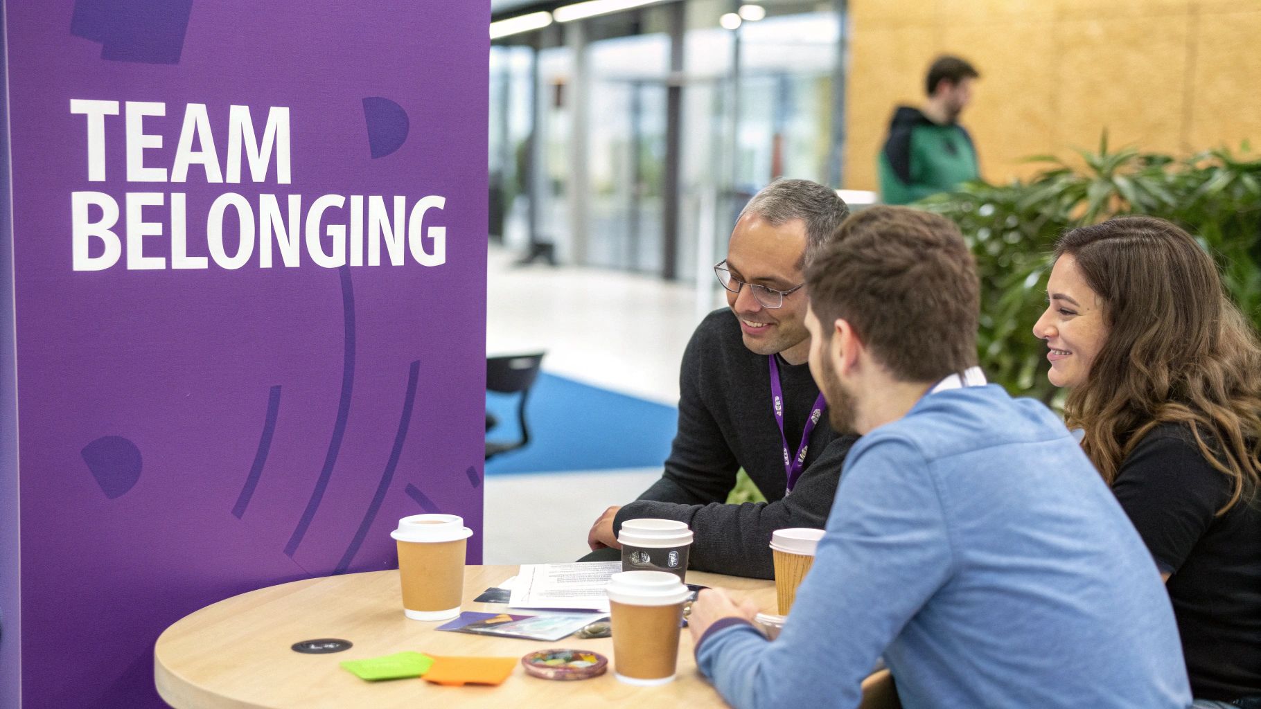 Three diverse colleagues engaging in conversation at a table with coffee, next to a 'TEAM BELONGING' banner.