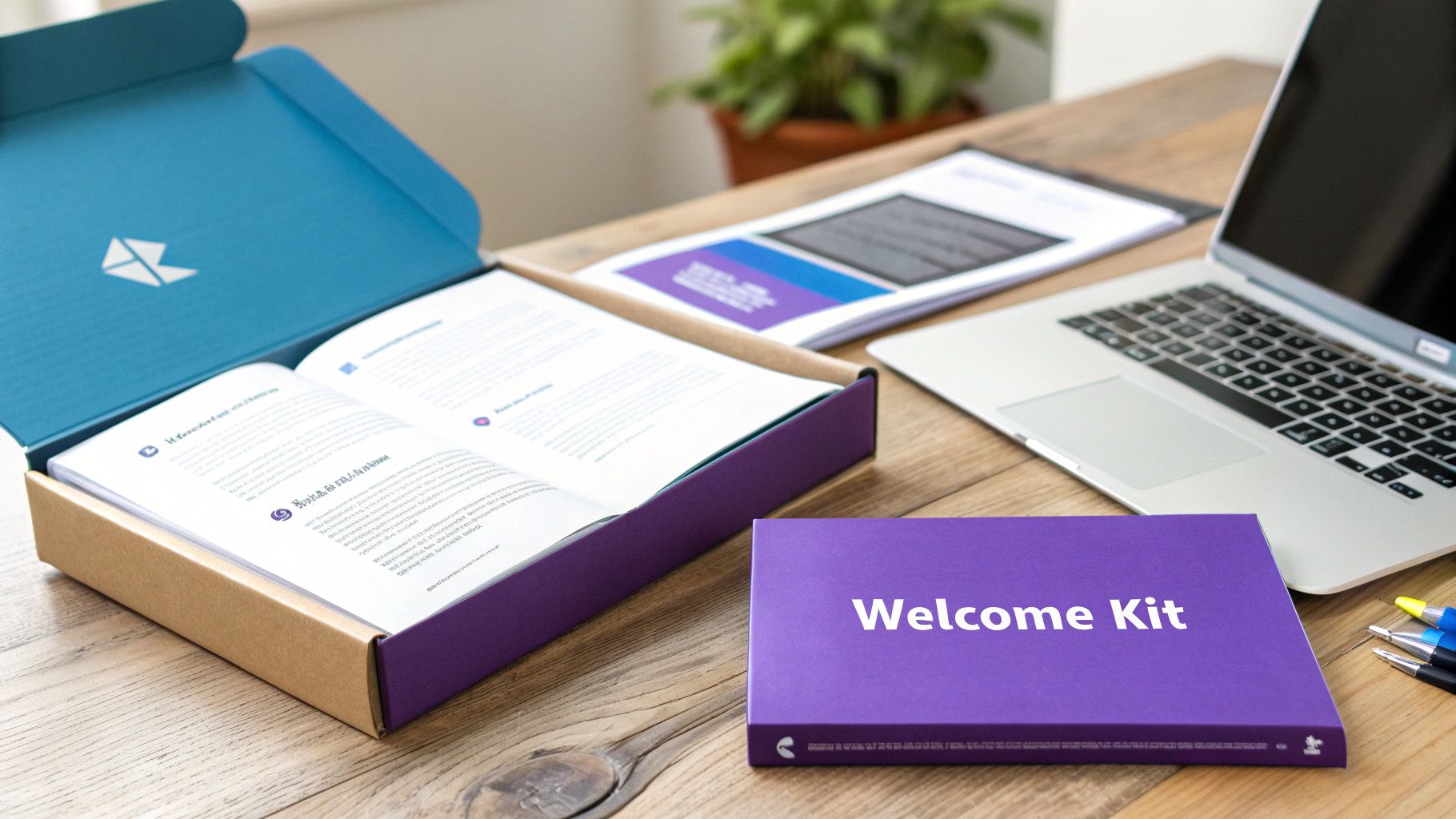 An open welcome kit box with a book, a laptop, documents, and pens on a wooden desk.