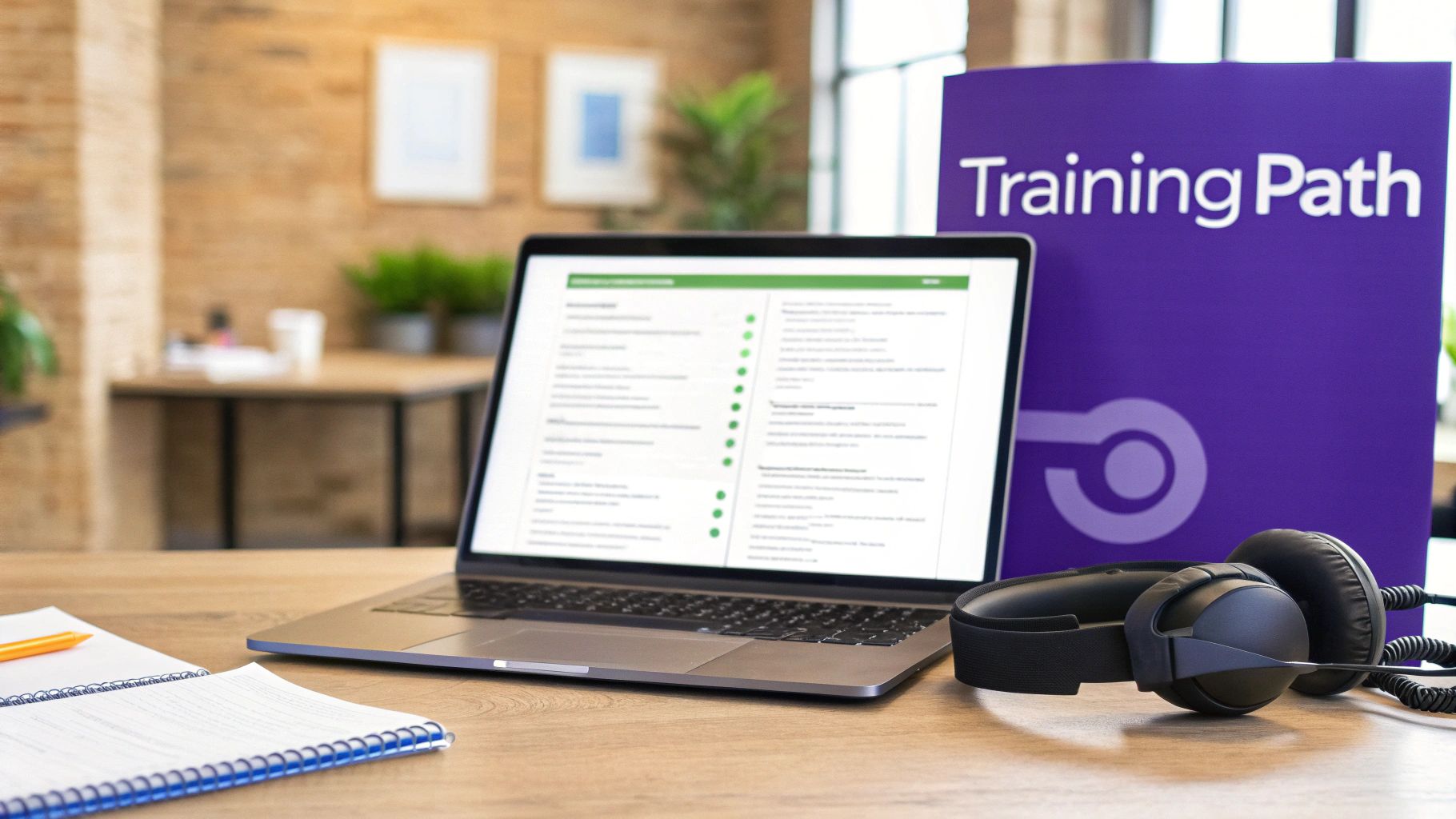A laptop displaying a training module, headphones, and a notepad on a desk, with a 'Training Path' sign in the background.