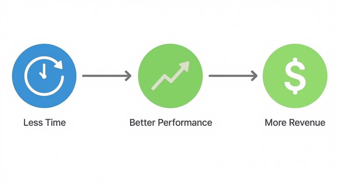 A diagram illustrating the process where less time leads to better performance, ultimately resulting in more revenue.