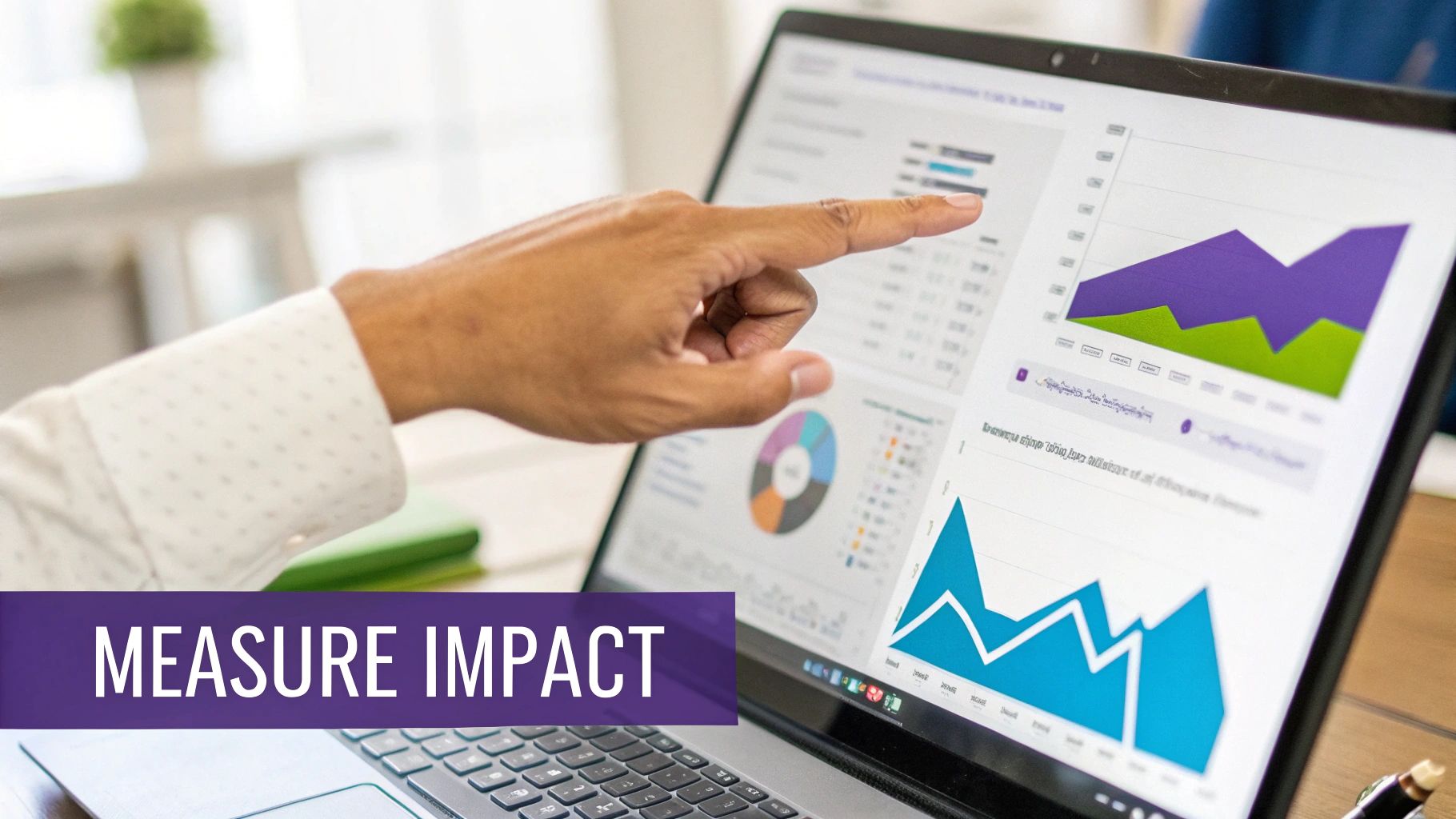 A hand points to a laptop screen showing various colorful charts and graphs for data analysis, with "MEASURE IMPACT" text overlay.
