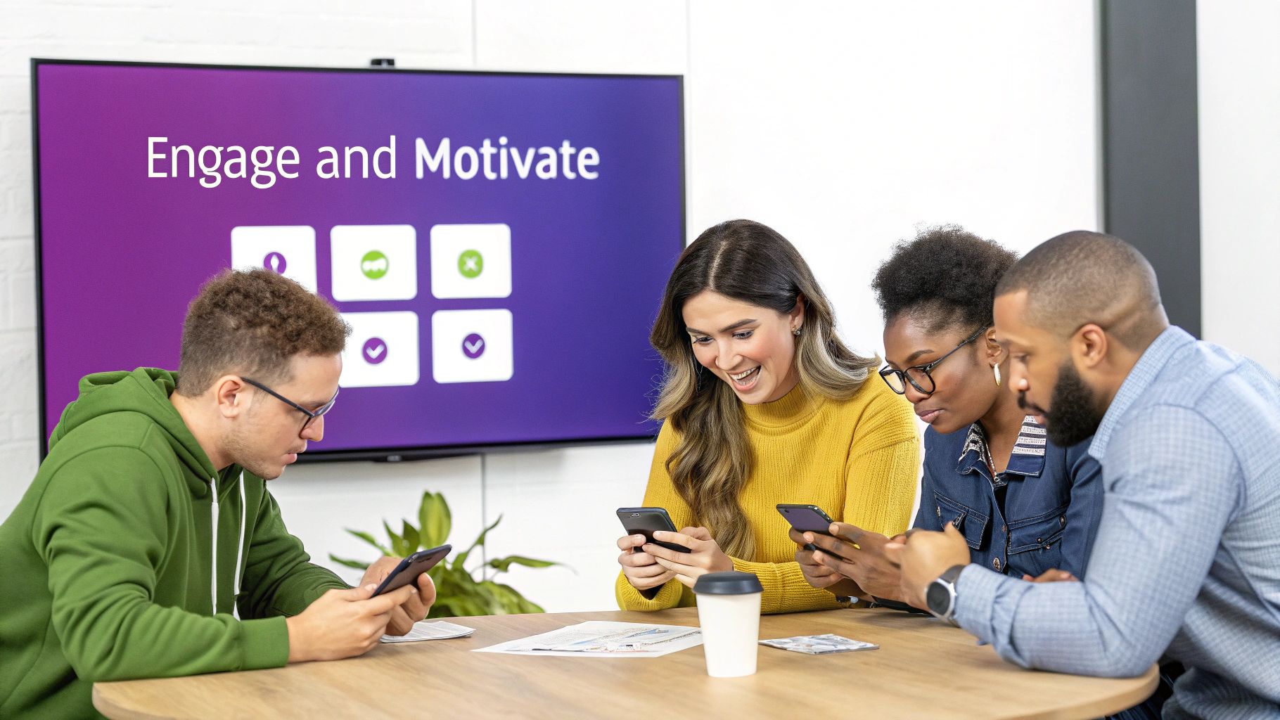 Four diverse employees engaging with their smartphones during an online training session.