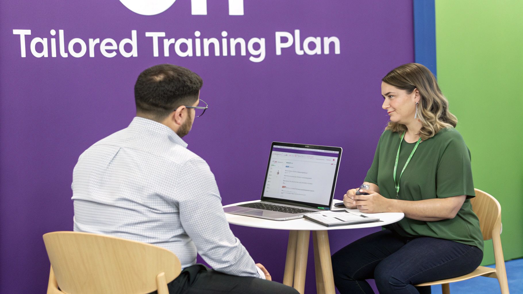Two people discuss a tailored training plan displayed on a laptop screen during a meeting.