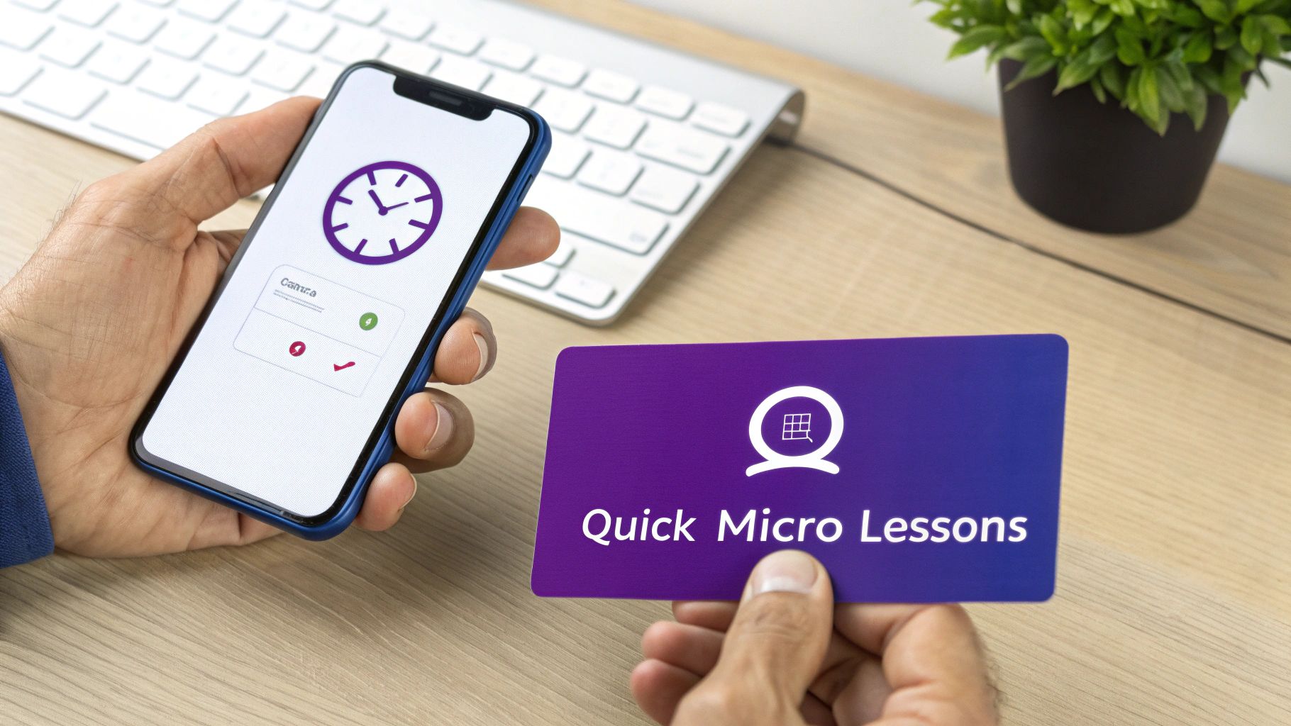 A hand holding a smartphone with a clock icon and another hand holding a card reading 'Quick Micro Lessons'.