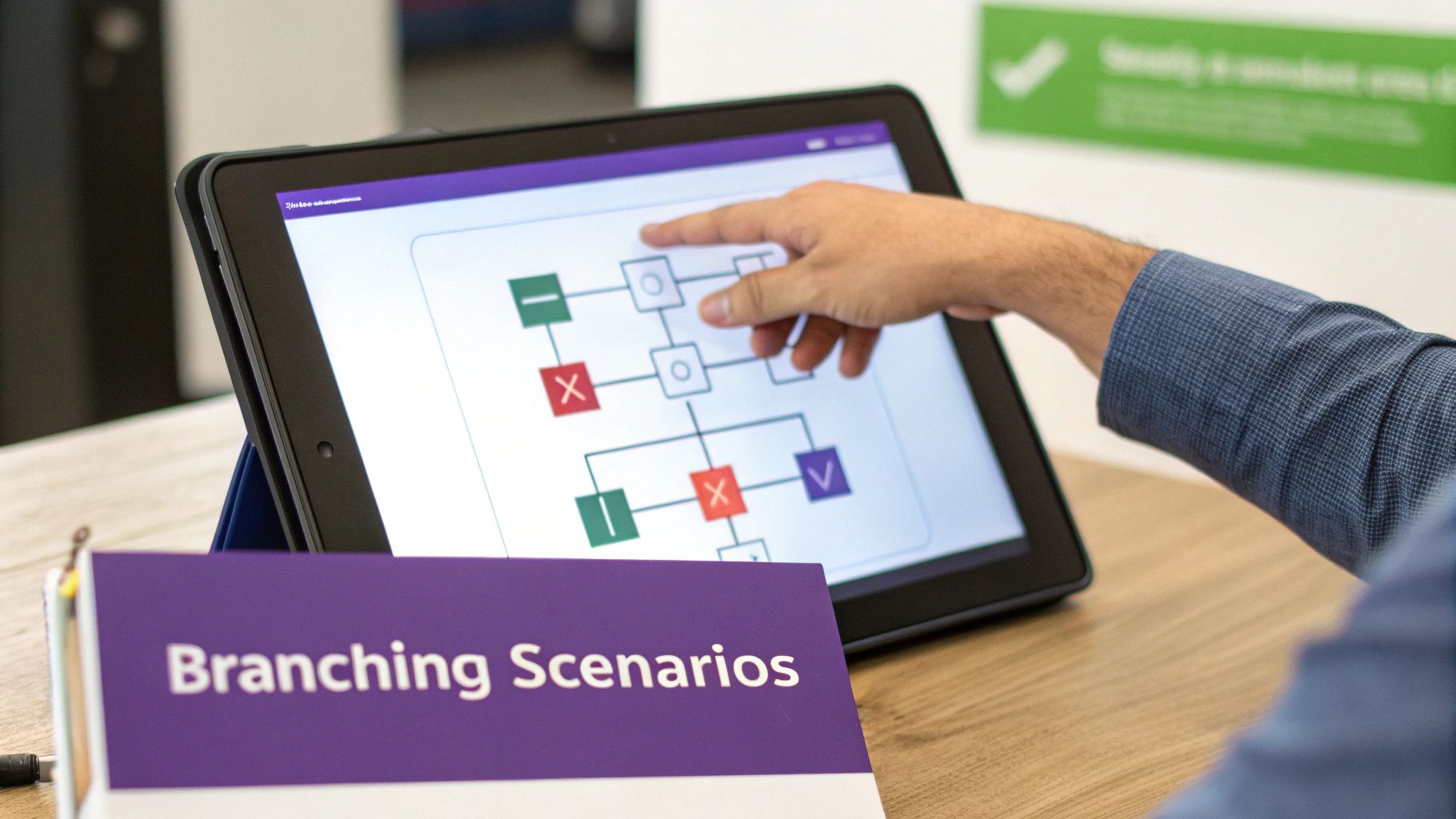 Hand touches a tablet displaying a branching scenarios flowchart, with a 'Branching Scenarios' binder.