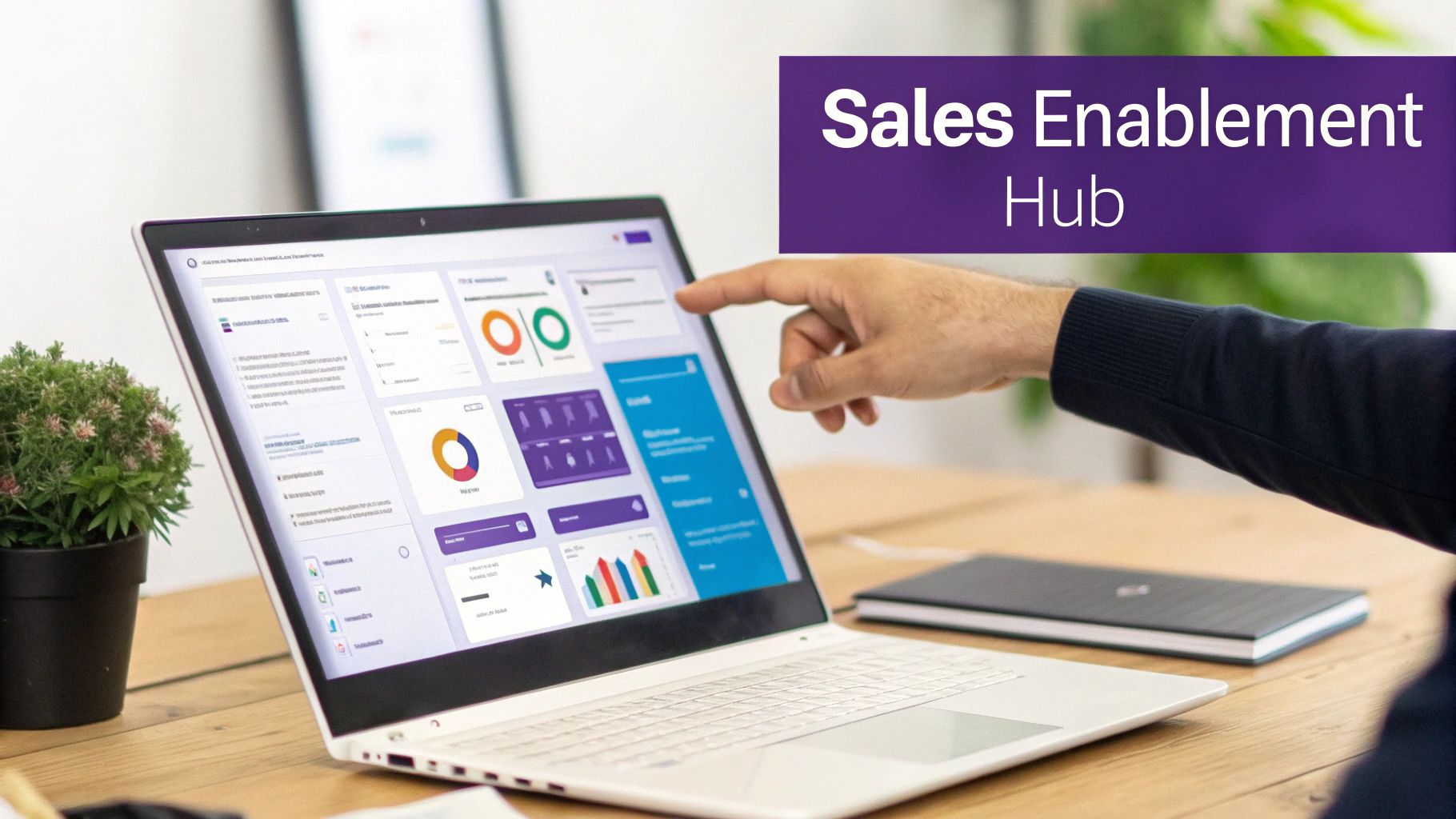 A person's hand points at a laptop displaying a 'Sales Enablement Hub' dashboard.