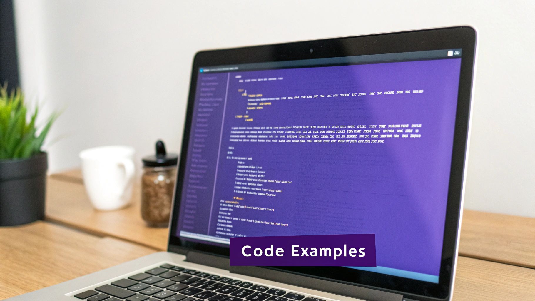 A laptop on a wooden desk displaying code examples on its screen, with office items in the background.