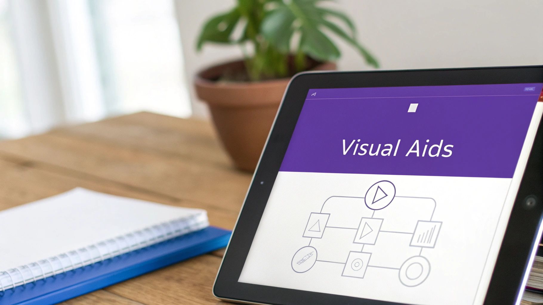 A tablet on a wooden desk displays 'Visual Aids' with a diagram, next to notebooks.