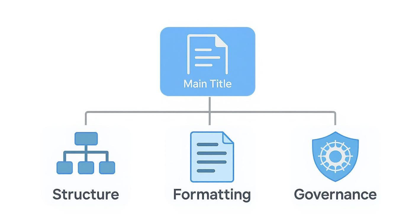 A diagram illustrating a 'Main Title' document connected to 'Structure', 'Formatting', and 'Governance'.