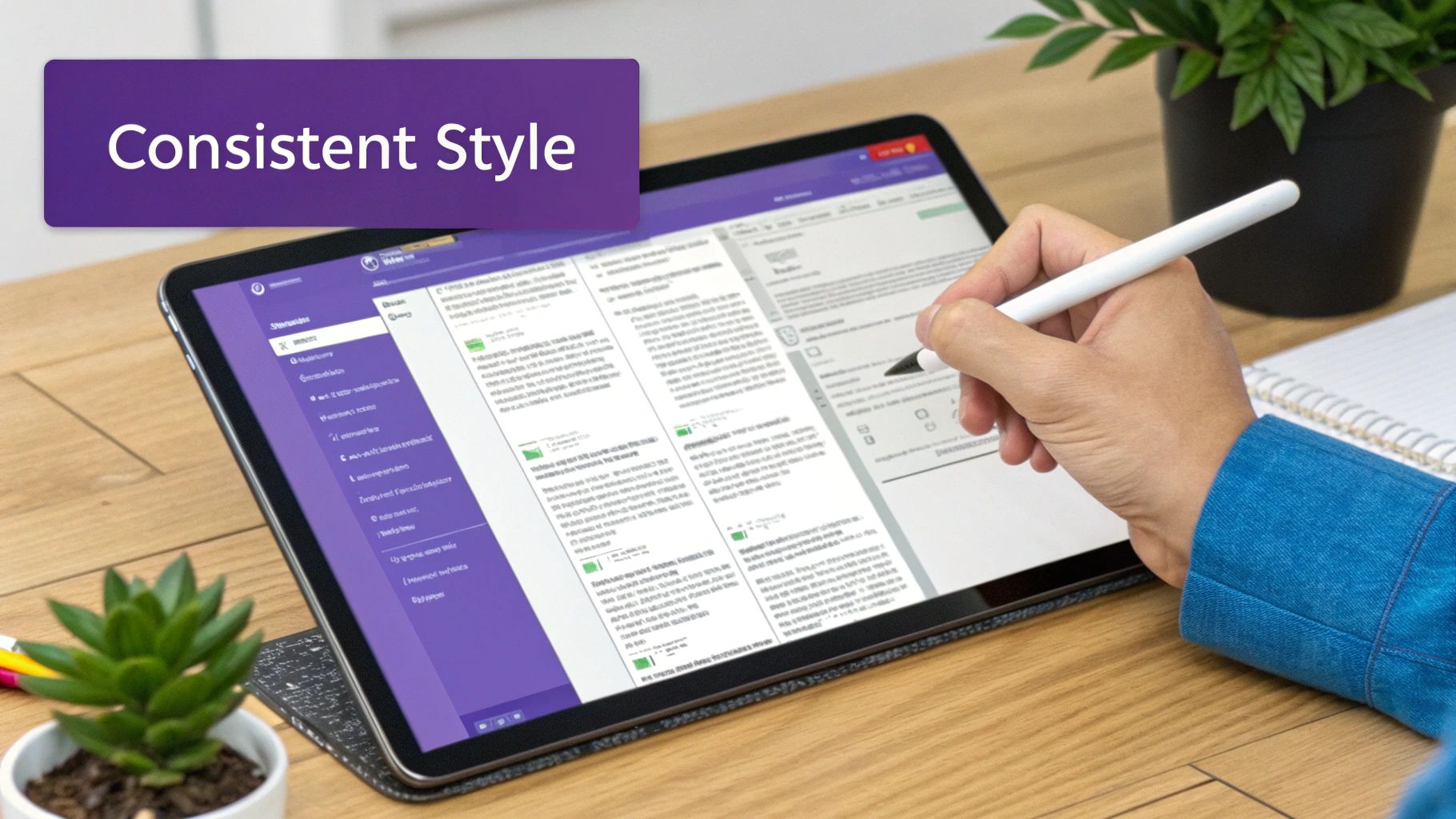 A hand uses a stylus on a tablet displaying a document with a purple interface and a 'Consistent Style' banner.