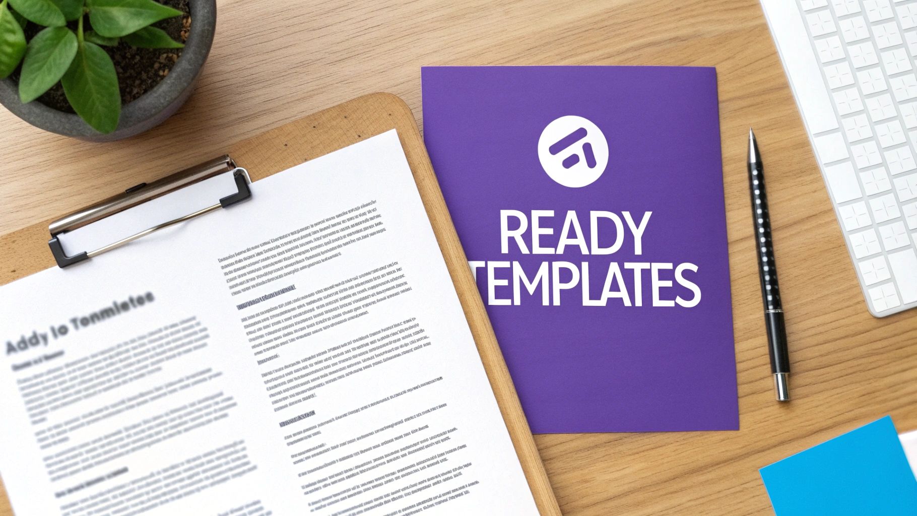 An office desk flat lay showing a clipboard with a document, a purple folder with 'Ready Templates', a pen, and a plant.