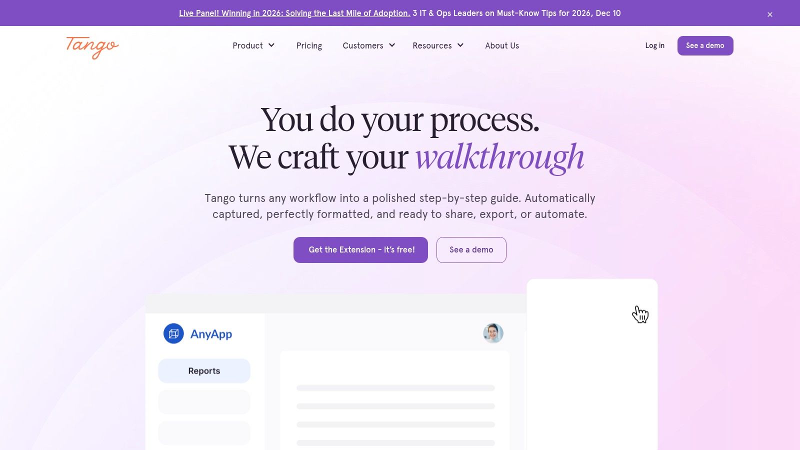 Tango captures workflows into shareable step-by-step guides with integrated analytics and enterprise features.