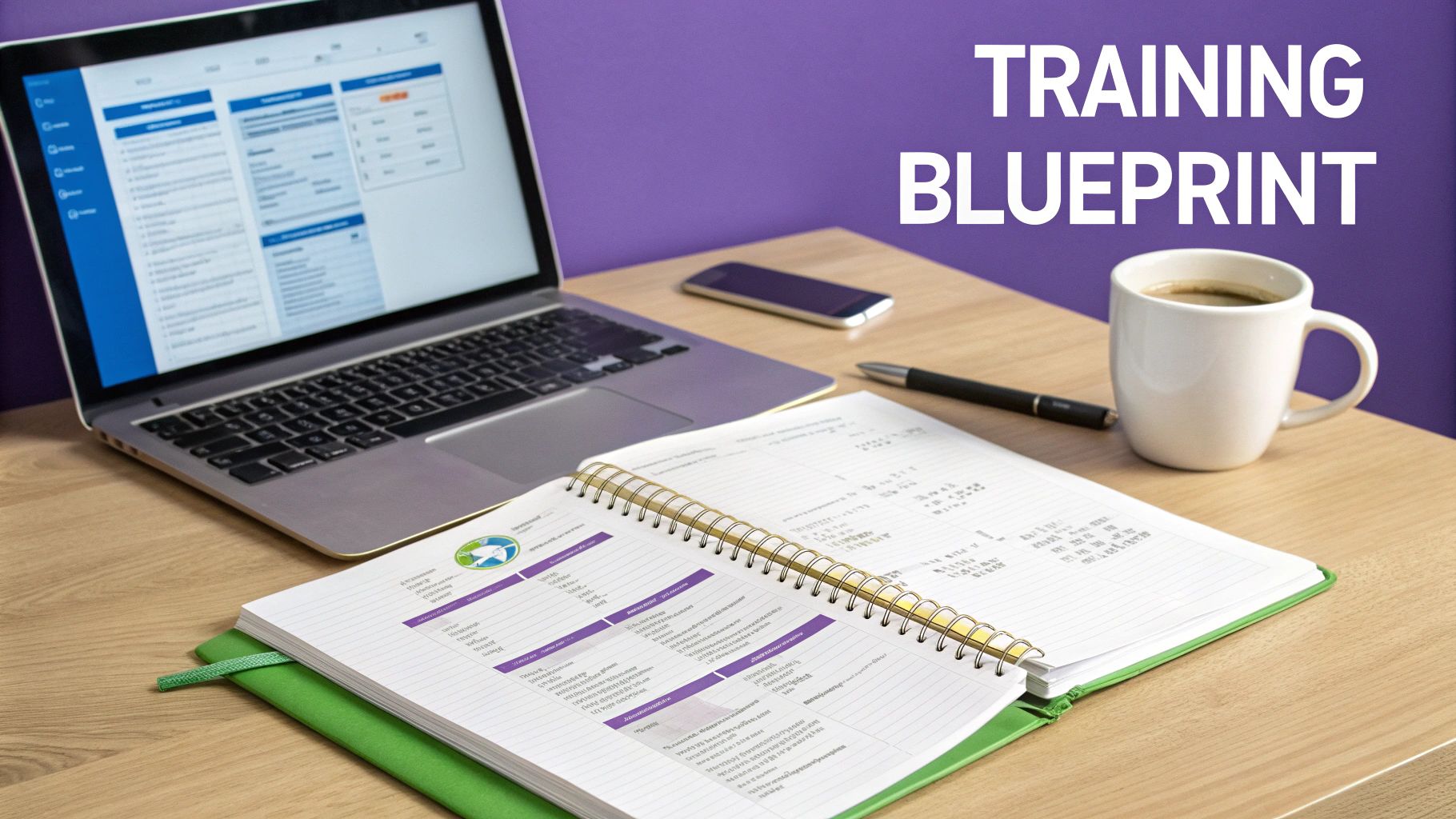 A professional desk setup with laptop, open notebook, coffee, pen, and 'Training Blueprint' text.