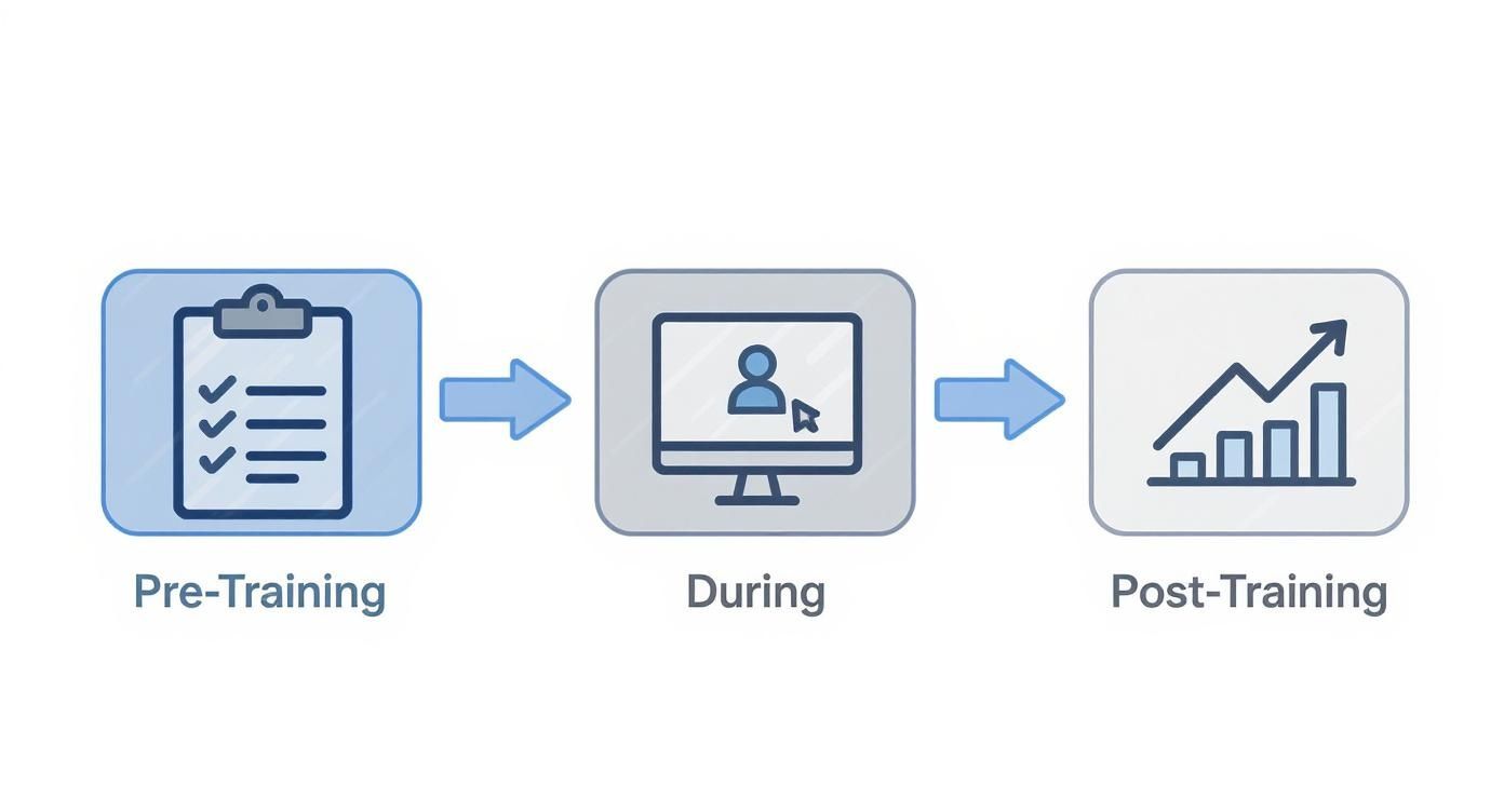 A visual representation of the training process, including pre-training, during, and post-training stages with icons.