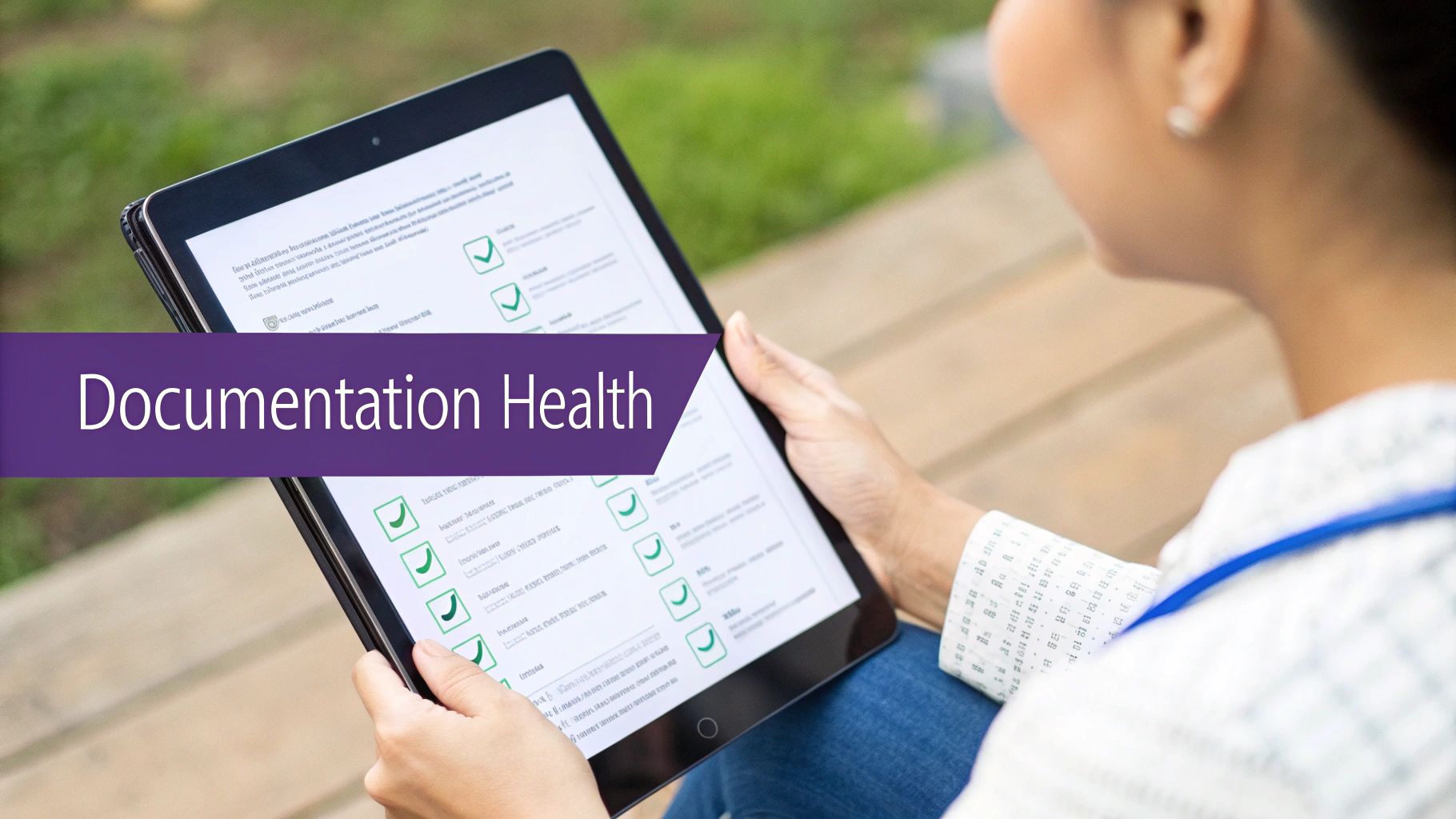 Person holding a tablet with a health documentation checklist and green checkmarks displayed.