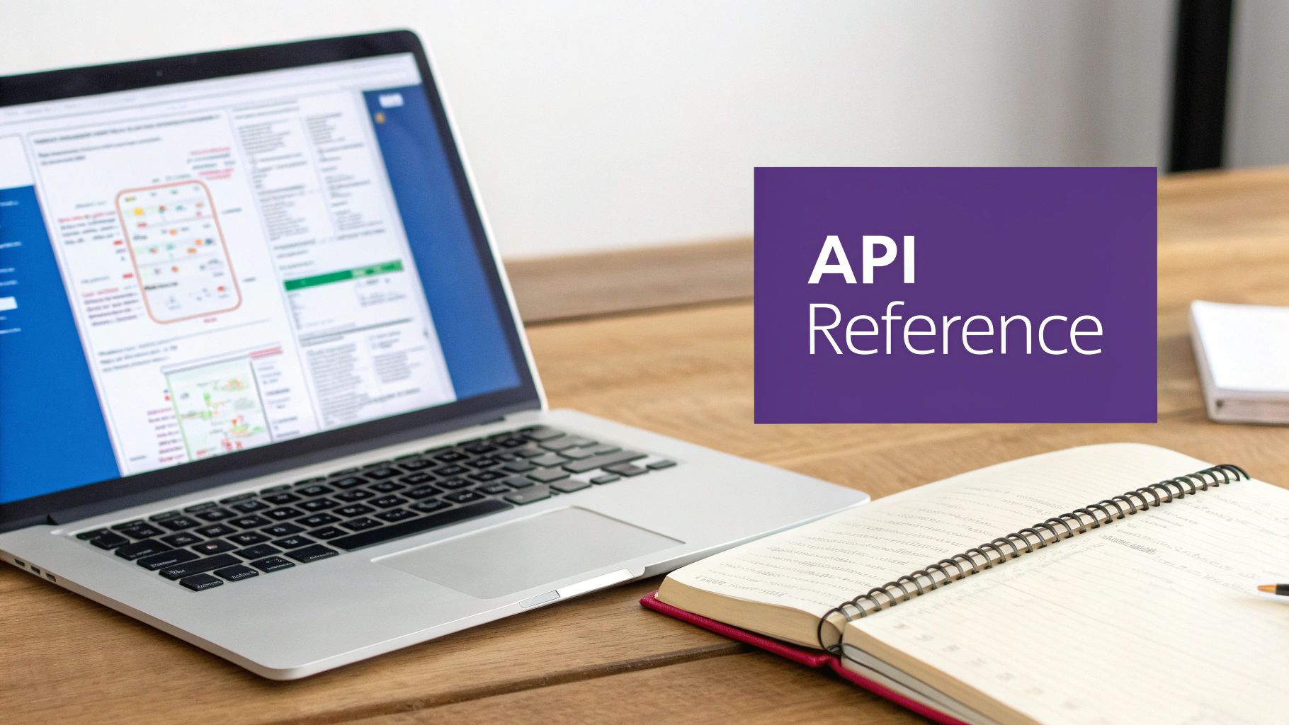 A laptop displaying a technical document, an open notebook, and an "API Reference" sign on a wooden desk.