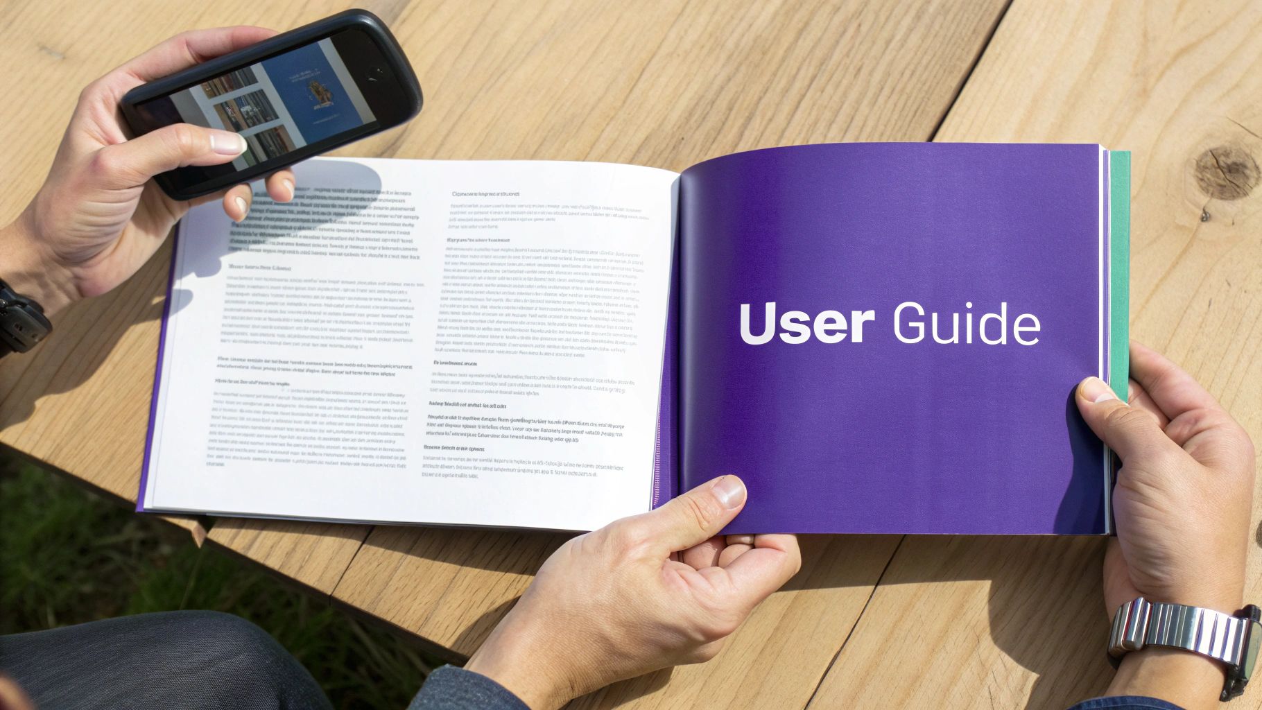 Hands holding an open purple 'User Guide' document and a smartphone displaying content on a wooden table.