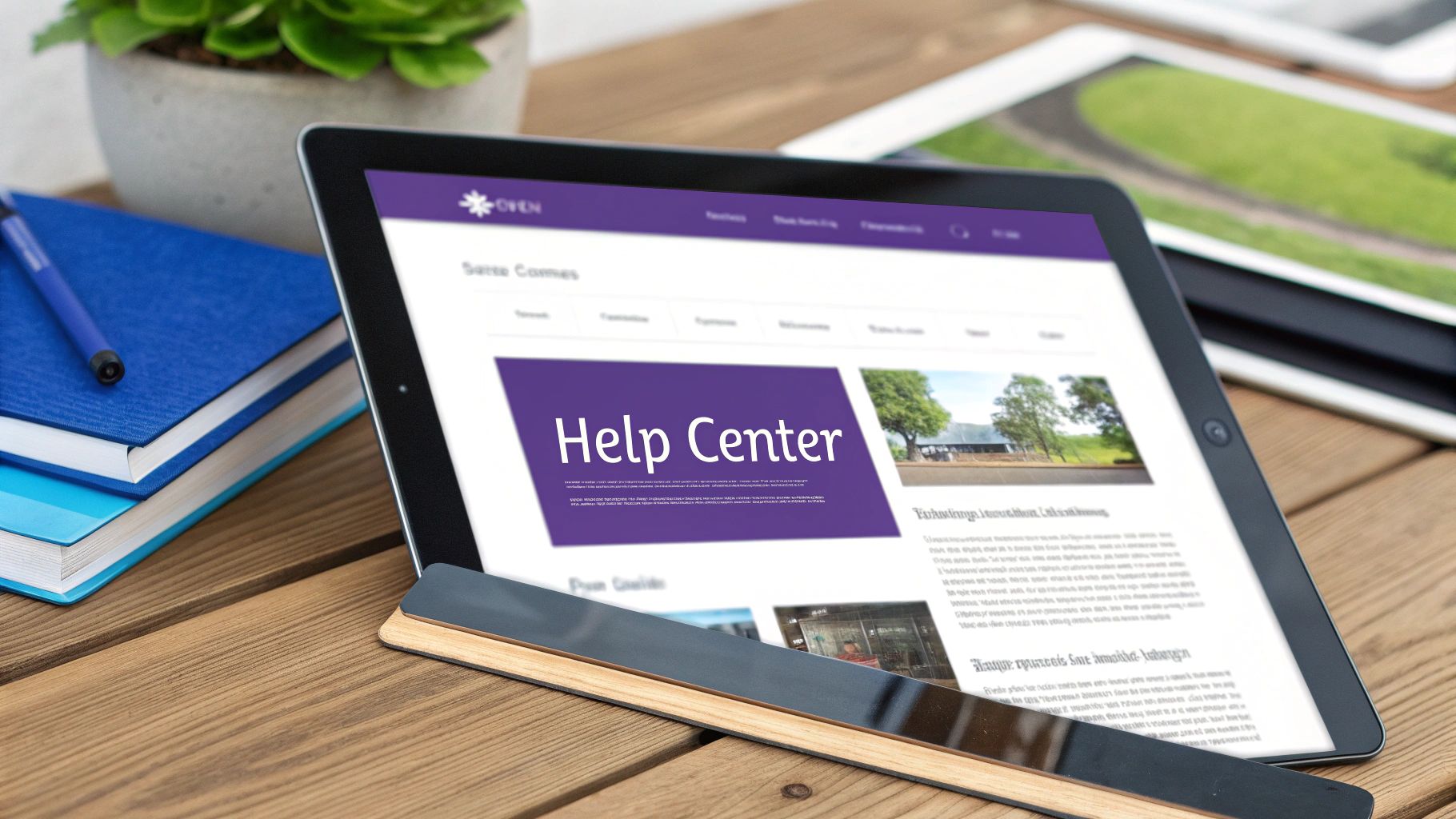A tablet displaying a 'Help Center' website page with purple branding, surrounded by notebooks and a plant on a wooden desk.