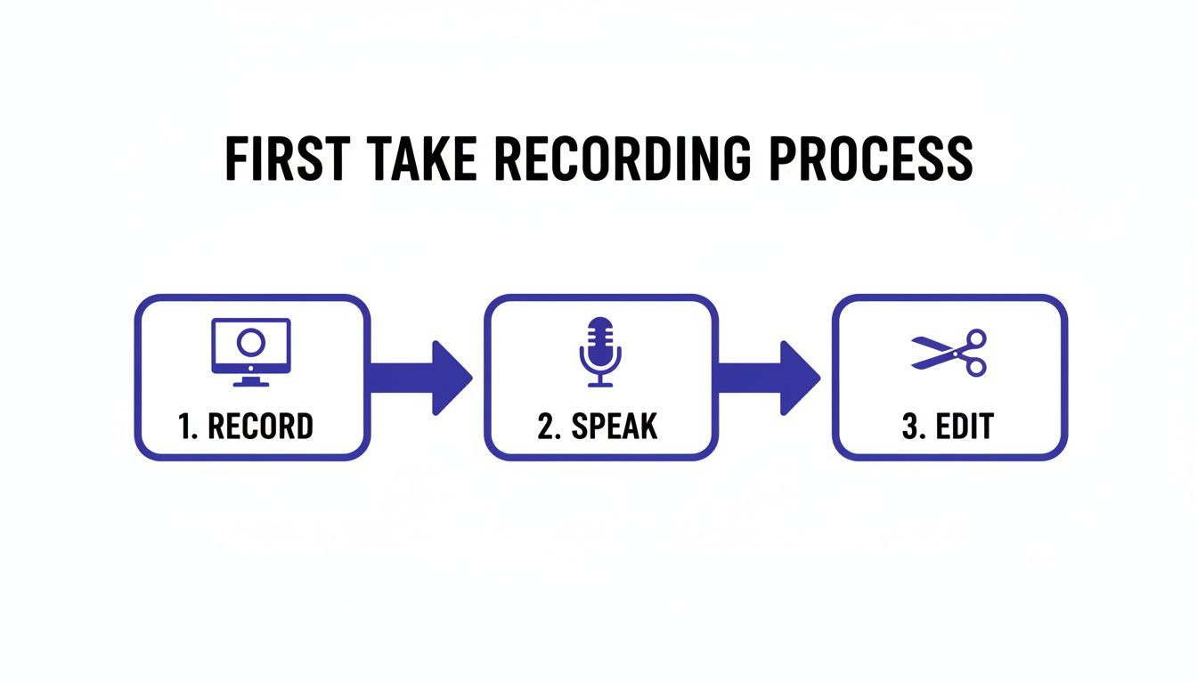 A flowchart illustrating the three-step first take recording process with icons for record, speak, and edit.