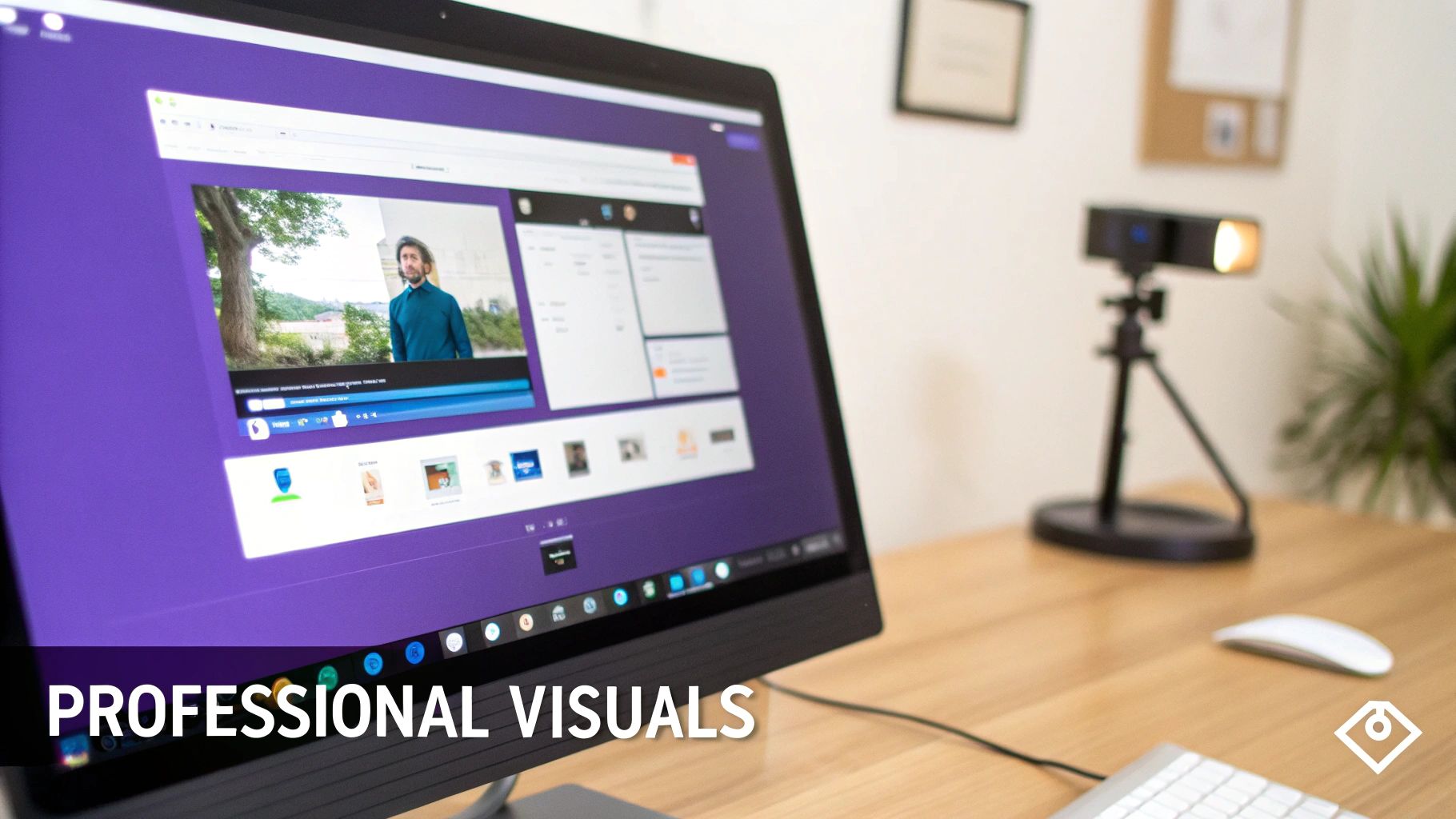 A computer monitor displaying a video of a man outdoors, with 'PROFESSIONAL VISUALS' text overlaid.