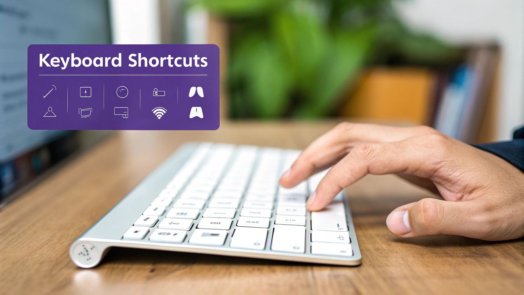 A person's hand typing on a silver keyboard next to a purple graphic with 'Keyboard Shortcuts' and icons.