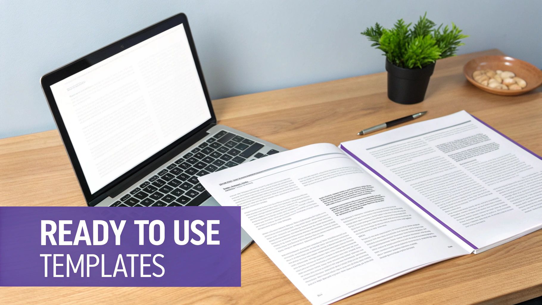 Workstation with a laptop, open book, pen, and potted plant, promoting ready-to-use templates.