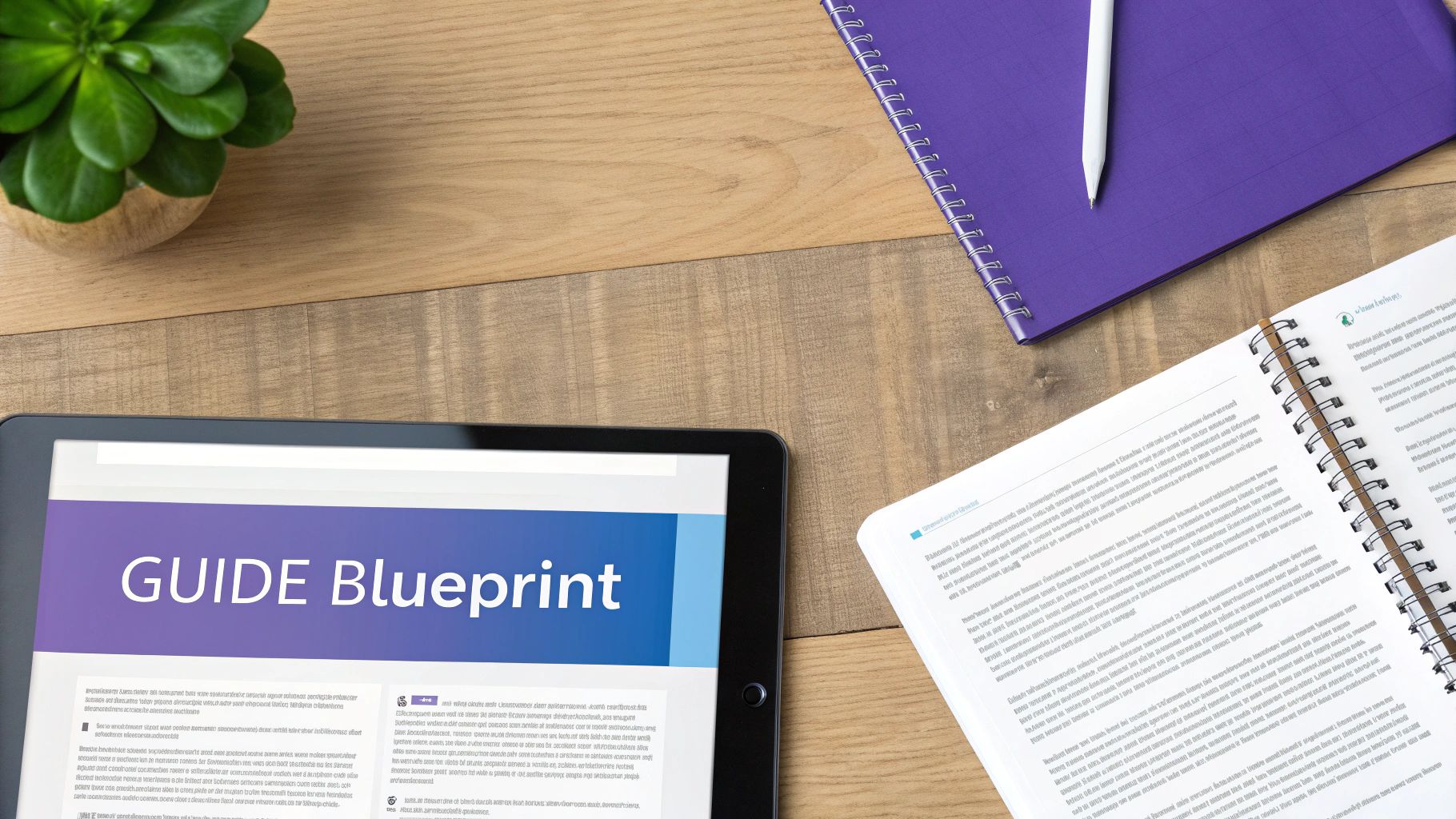 Overhead view of a workspace with a tablet displaying 'GUIDE Blueprint', notebooks, a pen, and a plant.