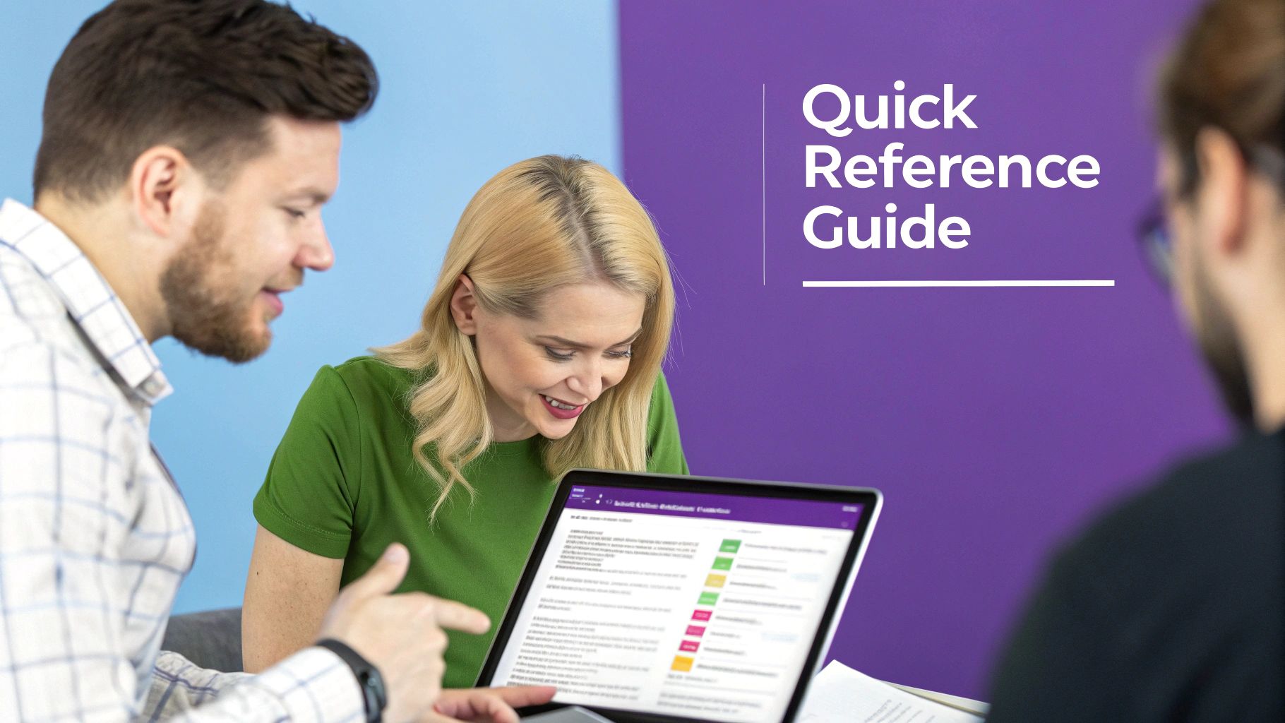 Two colleagues collaborating and reviewing a digital quick reference guide on a laptop screen.