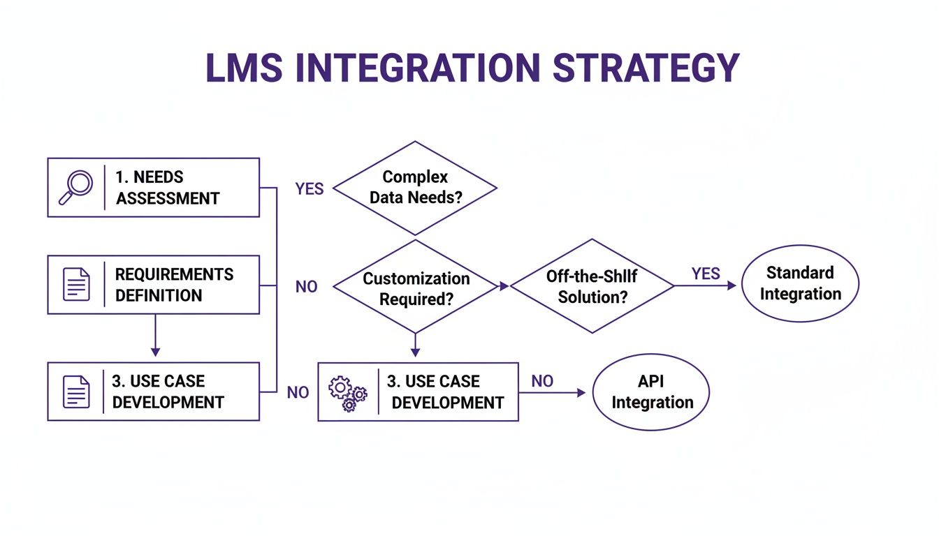 A flowchart detailing an LMS integration strategy, from needs assessment and requirements to customization and solution types.
