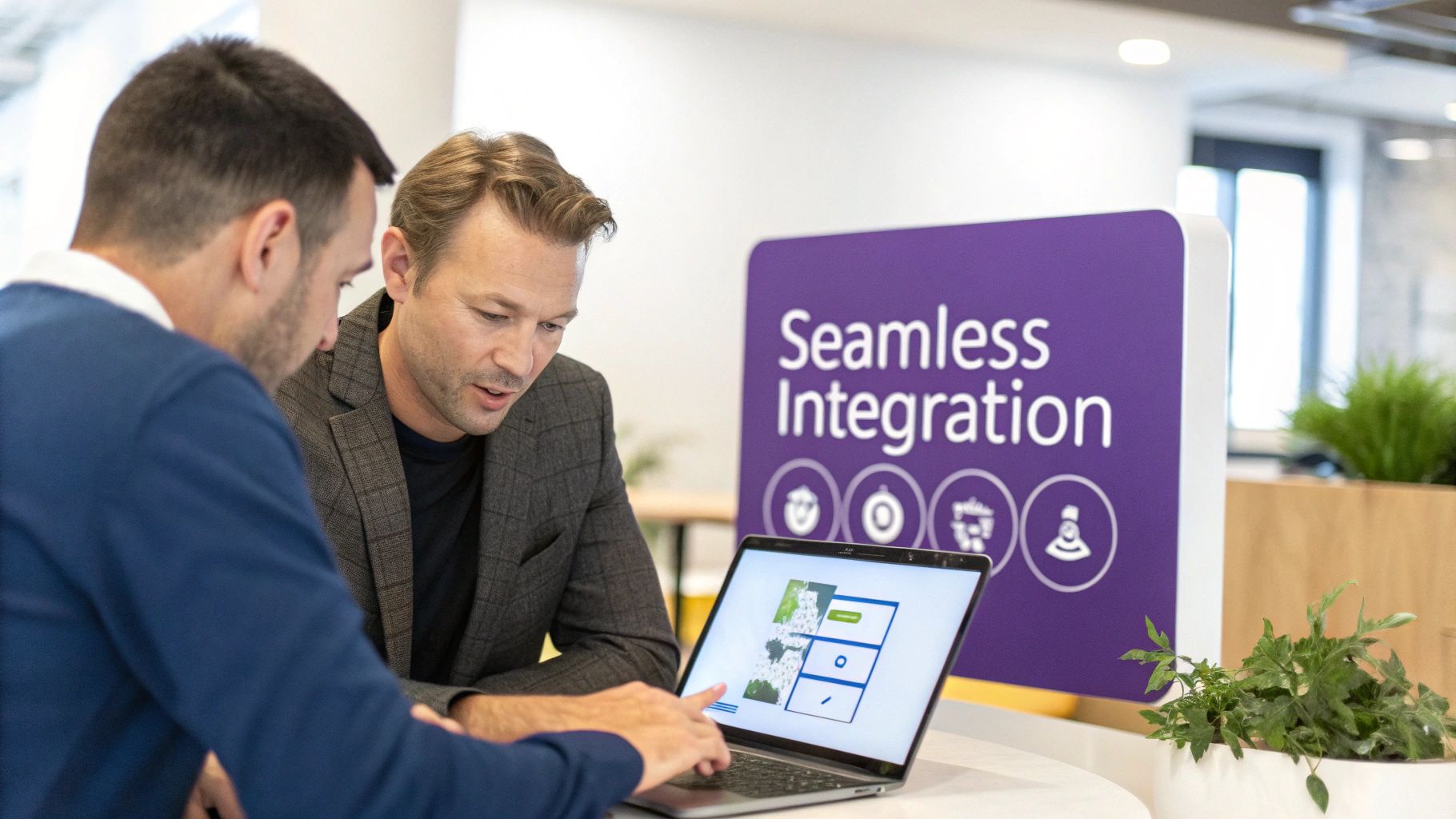 Two men collaboratively discussing content on a laptop screen in an office environment.