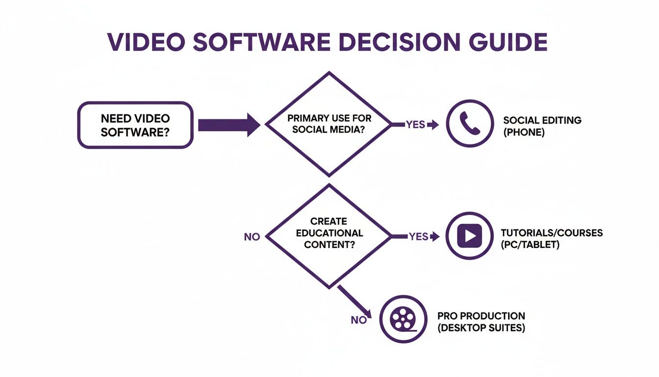 A flowchart titled 'Video Software Decision Guide' helps users choose software based on social media, educational, or pro production needs.