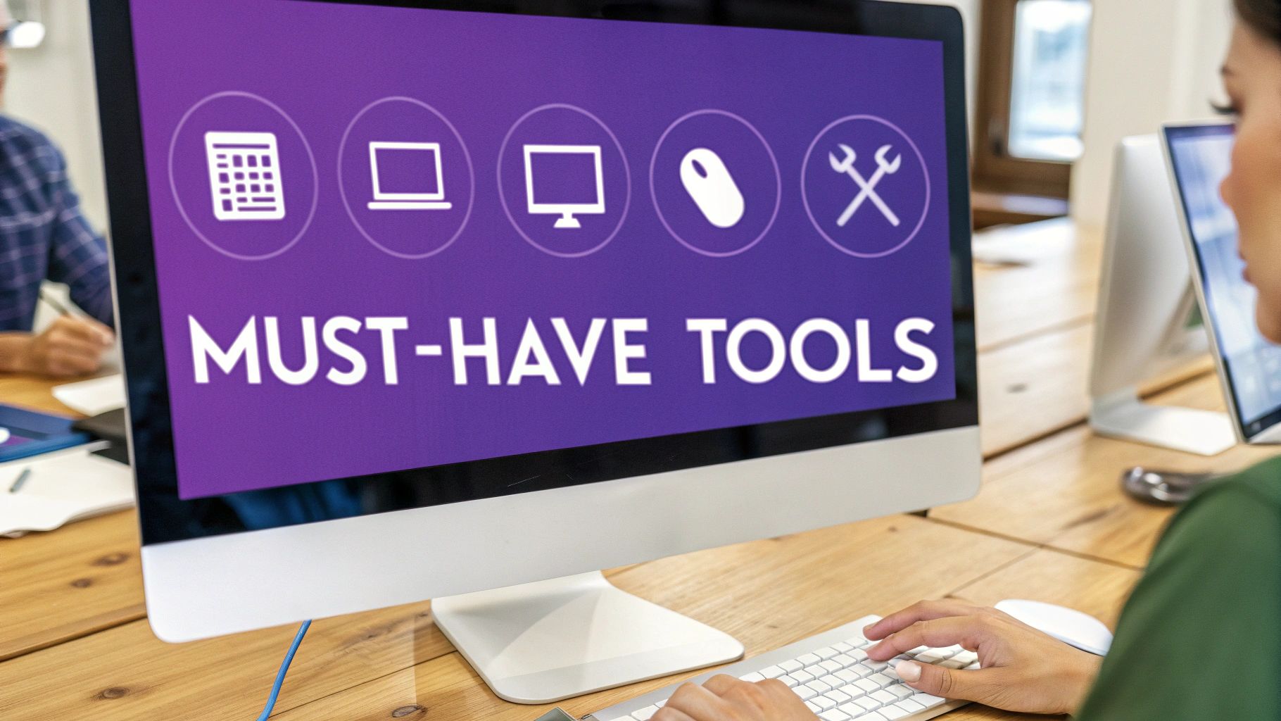 A person uses a computer displaying 'MUST-HAVE TOOLS' and icons for digital devices and maintenance on a wooden desk.