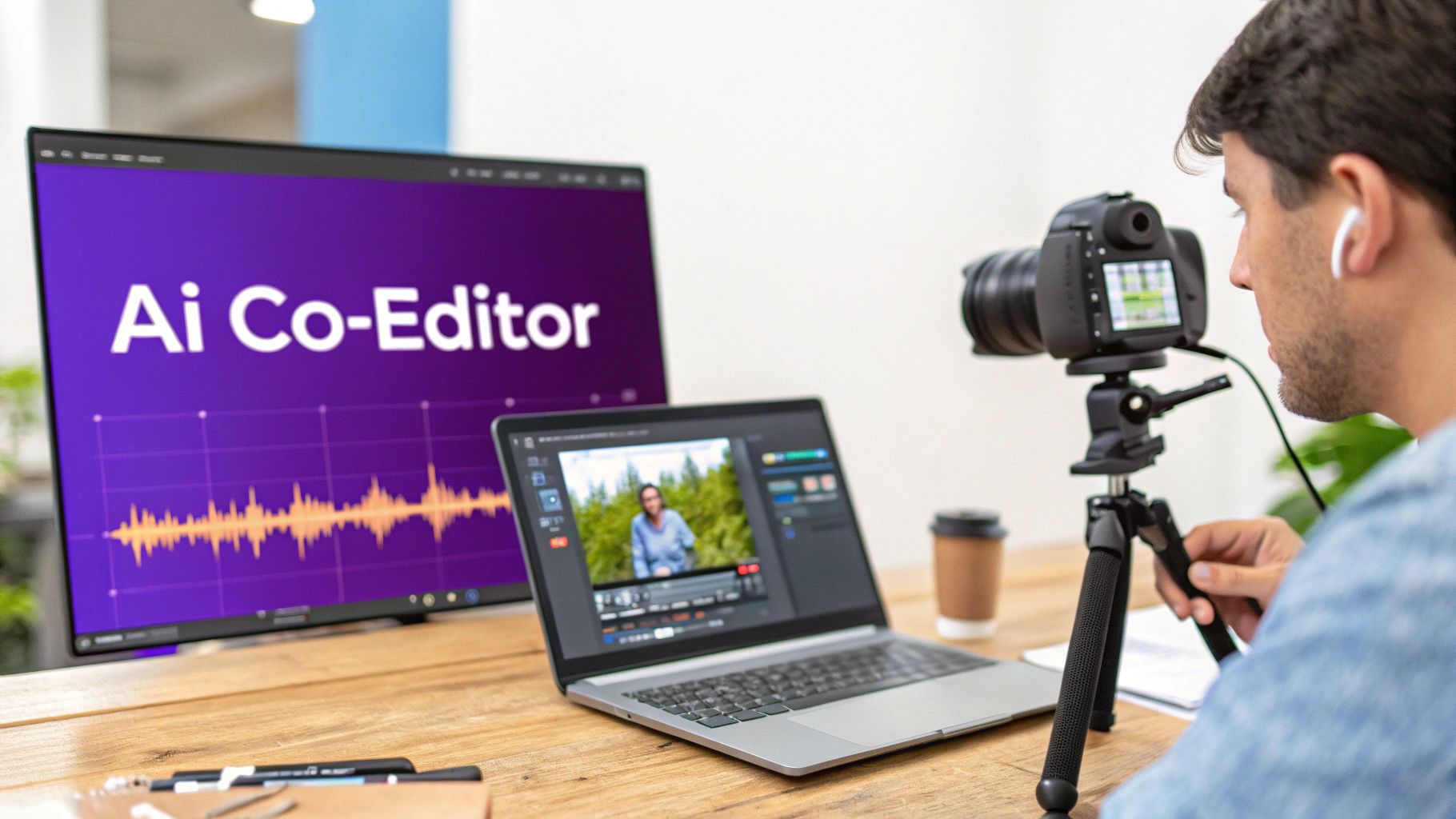 Man editing video using a laptop and external monitor with 'Ai Co-Editor' displayed.