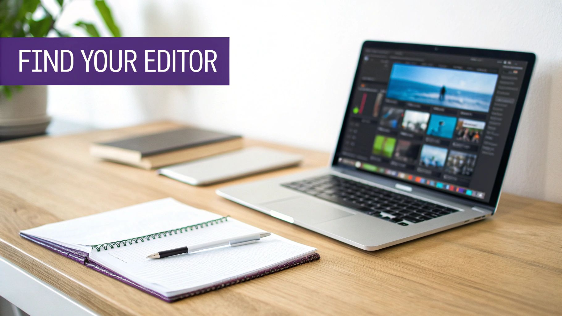 A laptop with video editing software, open notebook, and books on a wooden desk.